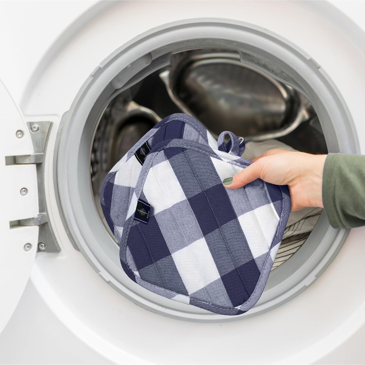 Cotton Pot Holders for Kitchen Heat Resistant Potholder, Hot Pads, Trivet Coaster Non-Slip Potholders Set for Cooking and Baking (2, Blue Plaid, Square,8.27 in²)