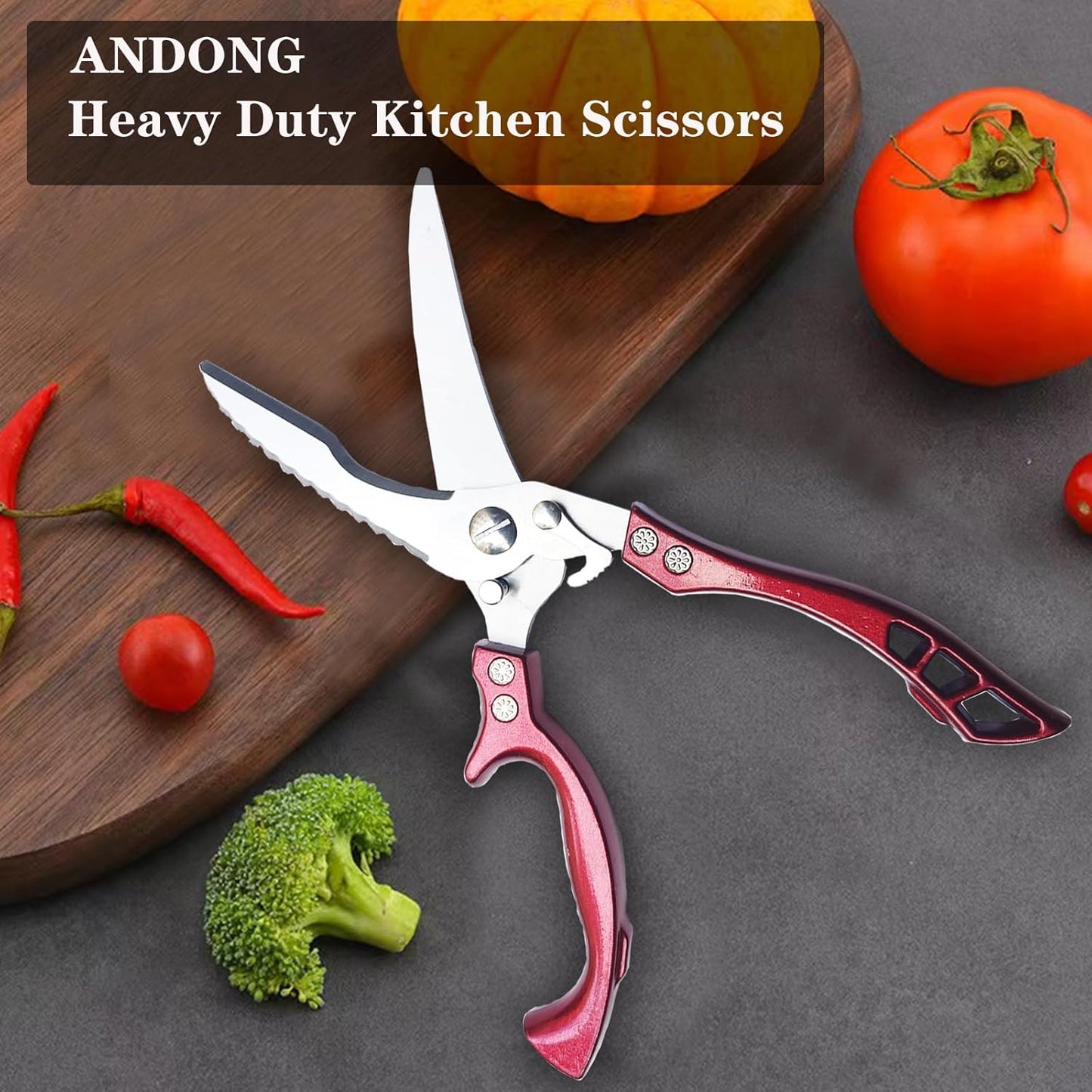 Heavy Duty Kitchen Shears by ANDONG, Kitchen Scissors,Stainless Steel Poultry Shears Heavy Duty Professional, Red