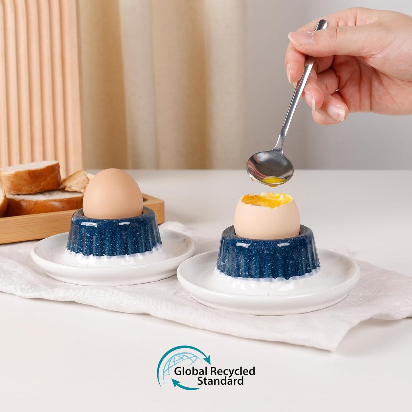 INGOFIN 2 Pcs Ceramic Egg Cups, Soft Boiled Egg Holders Set, Classic Porcelain Stackable, Easy to Clean Tray, Decorative Serving Dish for Breakfast, Easter or Kitchen, Starry Blue&Beige