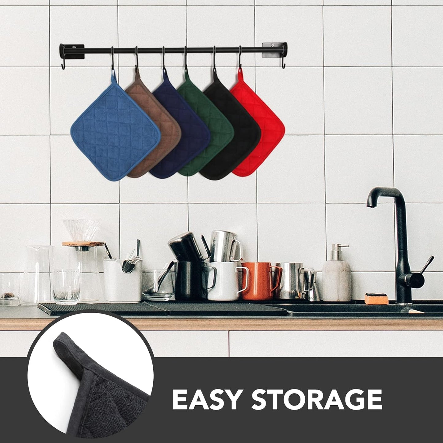 Joyhalo 4 Pack Pot Holders - Heat Resistant Oven Hot Pads, Terry Cloth, Black