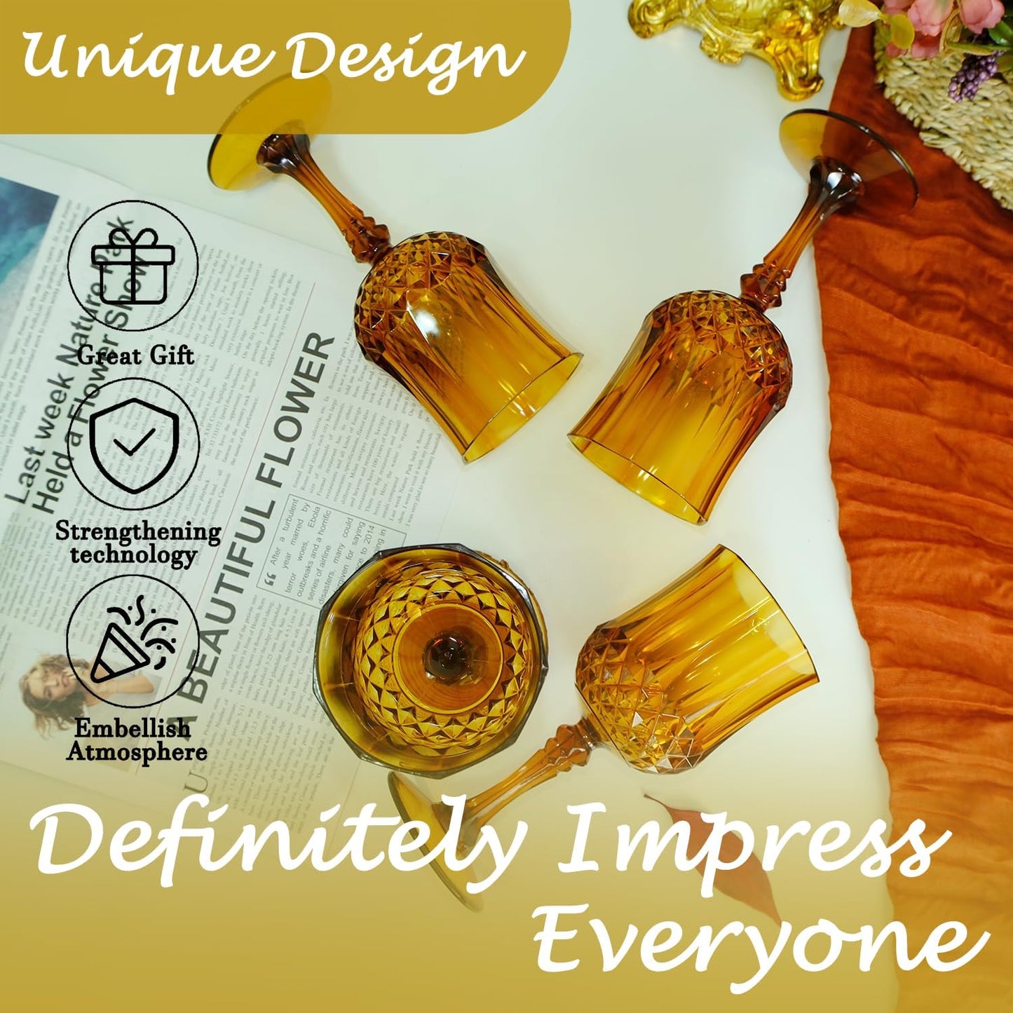 Plastic Wine Glasses,Plastic Goblets Vintage Style Cordial Drinking Glasses for Wedding Reception, Grand Event Party Supplies (12, Amber)