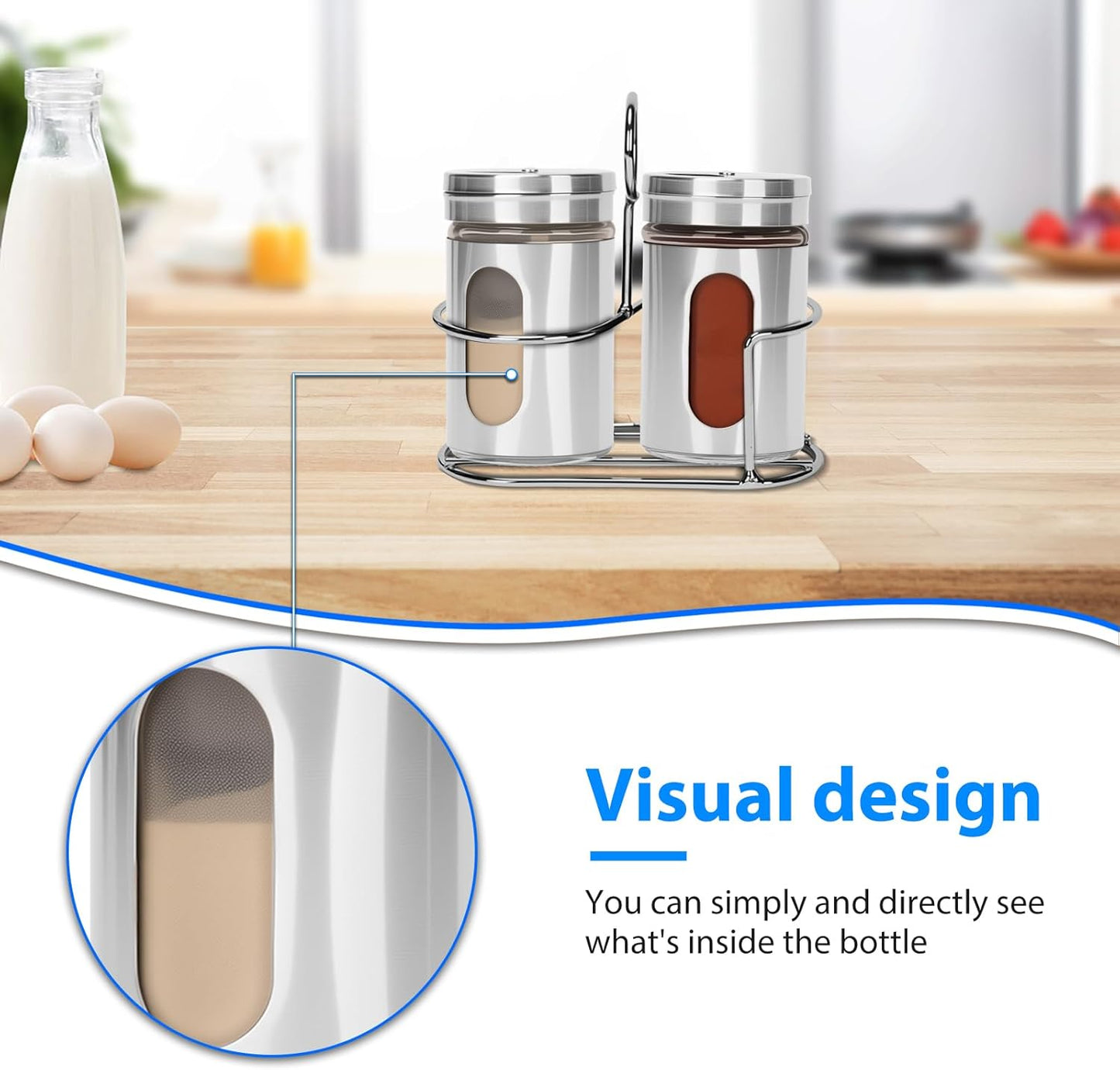 Glass Salt and Pepper Shaker Set with Seasoning Rack, Spice Rack, Adjustable Pour Hole Stainless Steel Lid, 2.8 oz, Spice Dispenser for Salt, Pepper, Spice Preservation (silver)