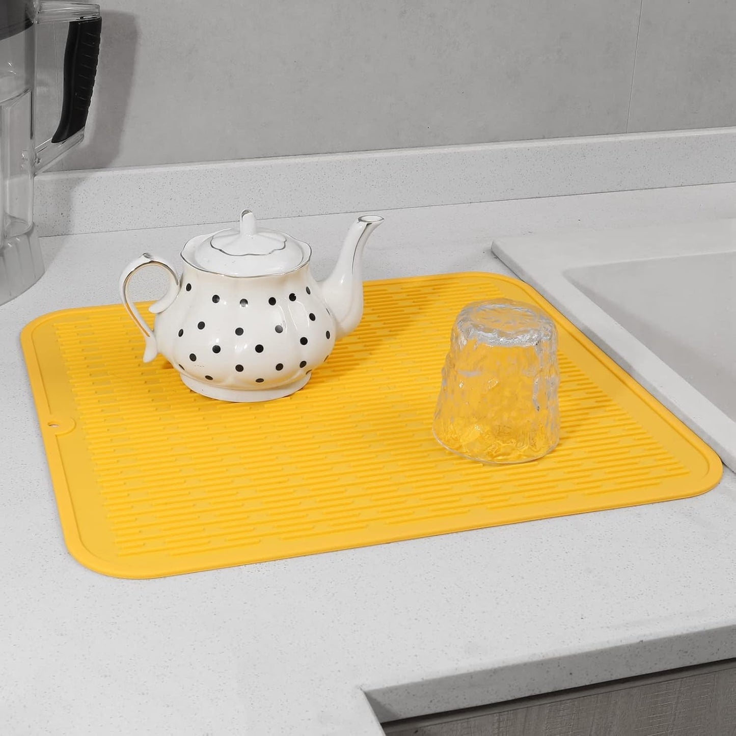Silicone Dish Drying Mat for Multiple Usage,Easy clean,Eco-friendly,Heat-resistant Silicone Mat for Kitchen Counter or Sink,Refrigerator or Drawer Liner Yellow XL 18 inches x 16 inches