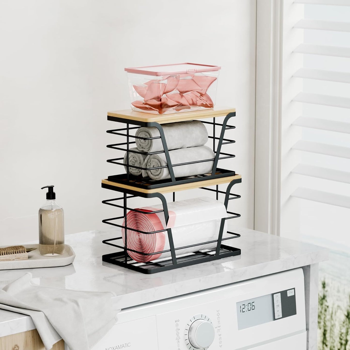 2 Pack Stackable Storage Laundry Kitchen Organizers, Wall Mount Trash Bag Holder with Bamboo Top and Garbage Bag Dispenser No Drill