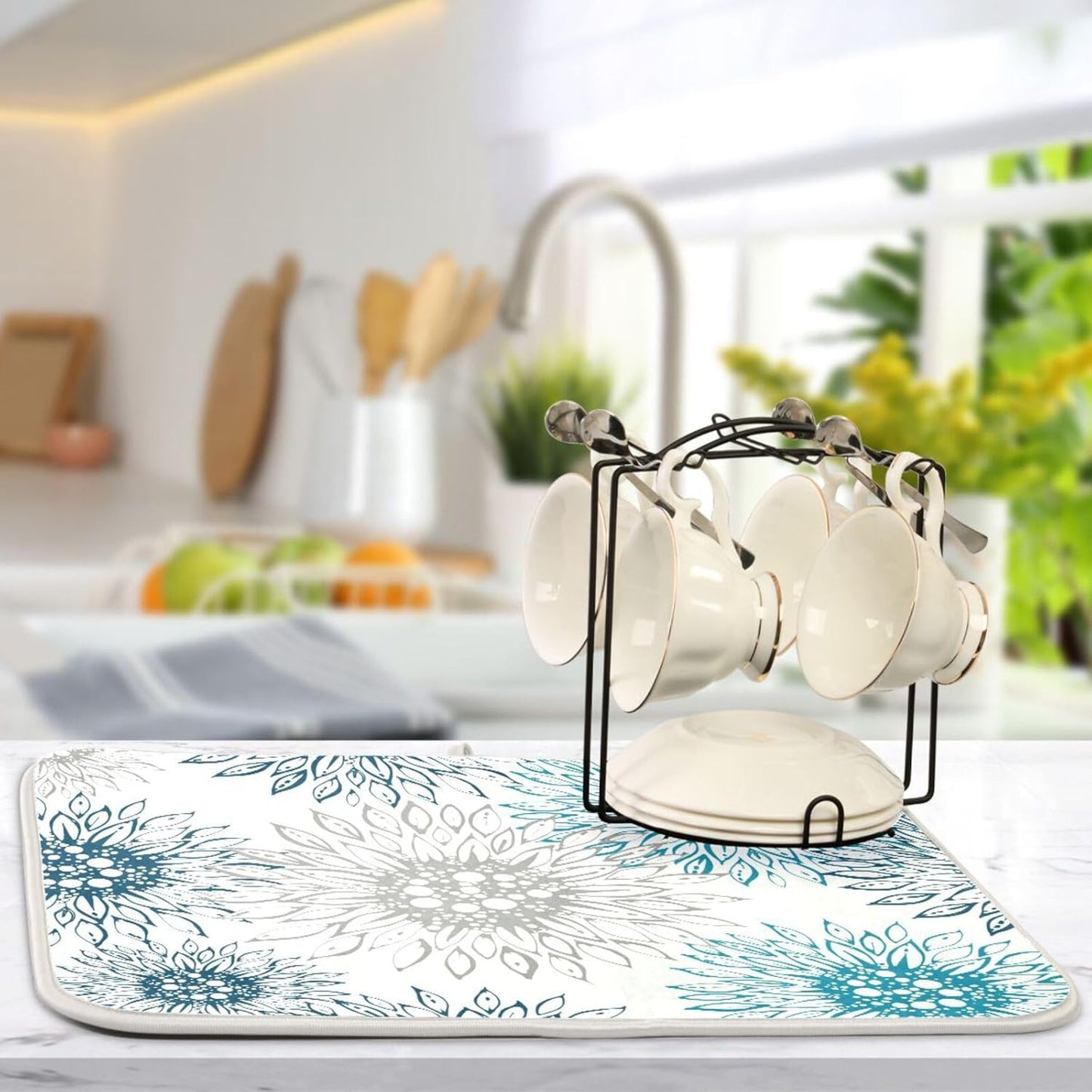 Abstract Flowers Sunflowers Dish Drying Mat for Kitchen Counter Absorbent Microfiber Drying Pad, Large 18x24 in, Blue White Reversible Drainer Mats