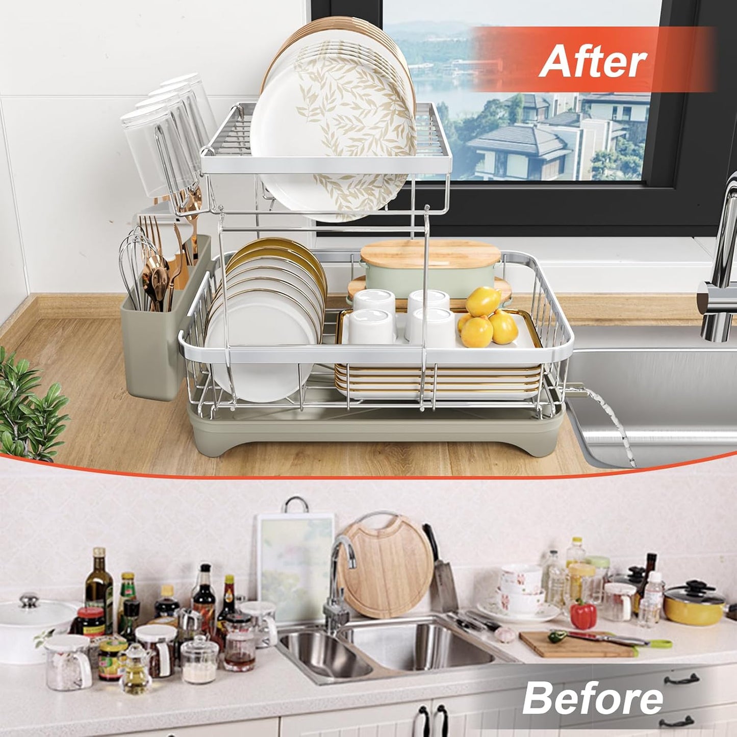 2-Tier Dish Drying Rack for Kitchen Counter, 304 Stainless Steel Dish Rack with Adjustable Drainboard, Removable Utensil Holder & Water Tray, Grey