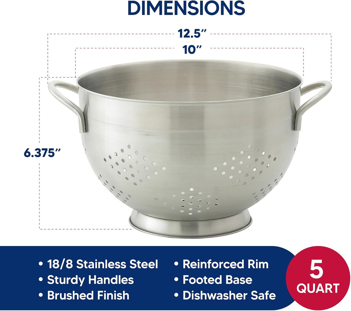 HIC Kitchen Pierced Colander, 18/8 Stainless Steel, 10-Inch Bowl, 5-Quart Capacity