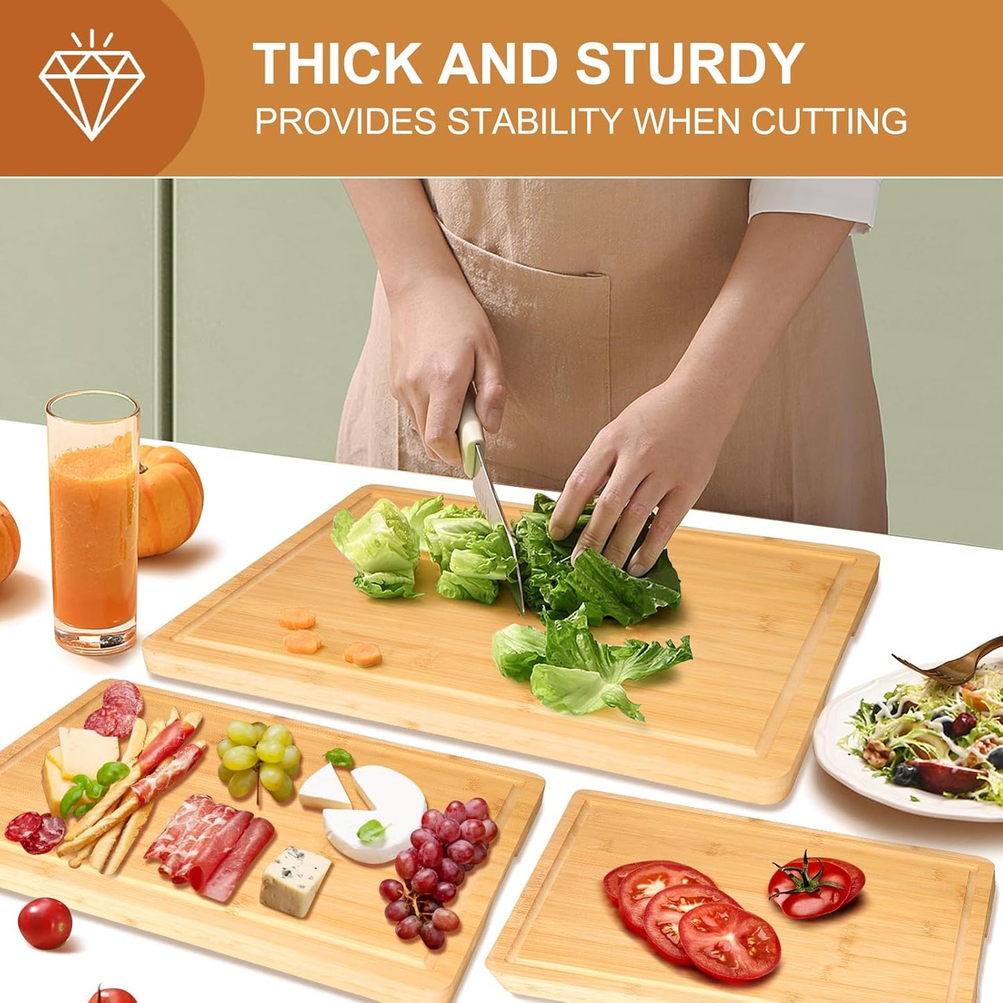 Bamboo Cutting Board Set of 3 With Holder Extra Large Bamboo Chopping Board for Kitchen Charcuterie Boards Bread Cheese Fruit Bread Cheese Meat