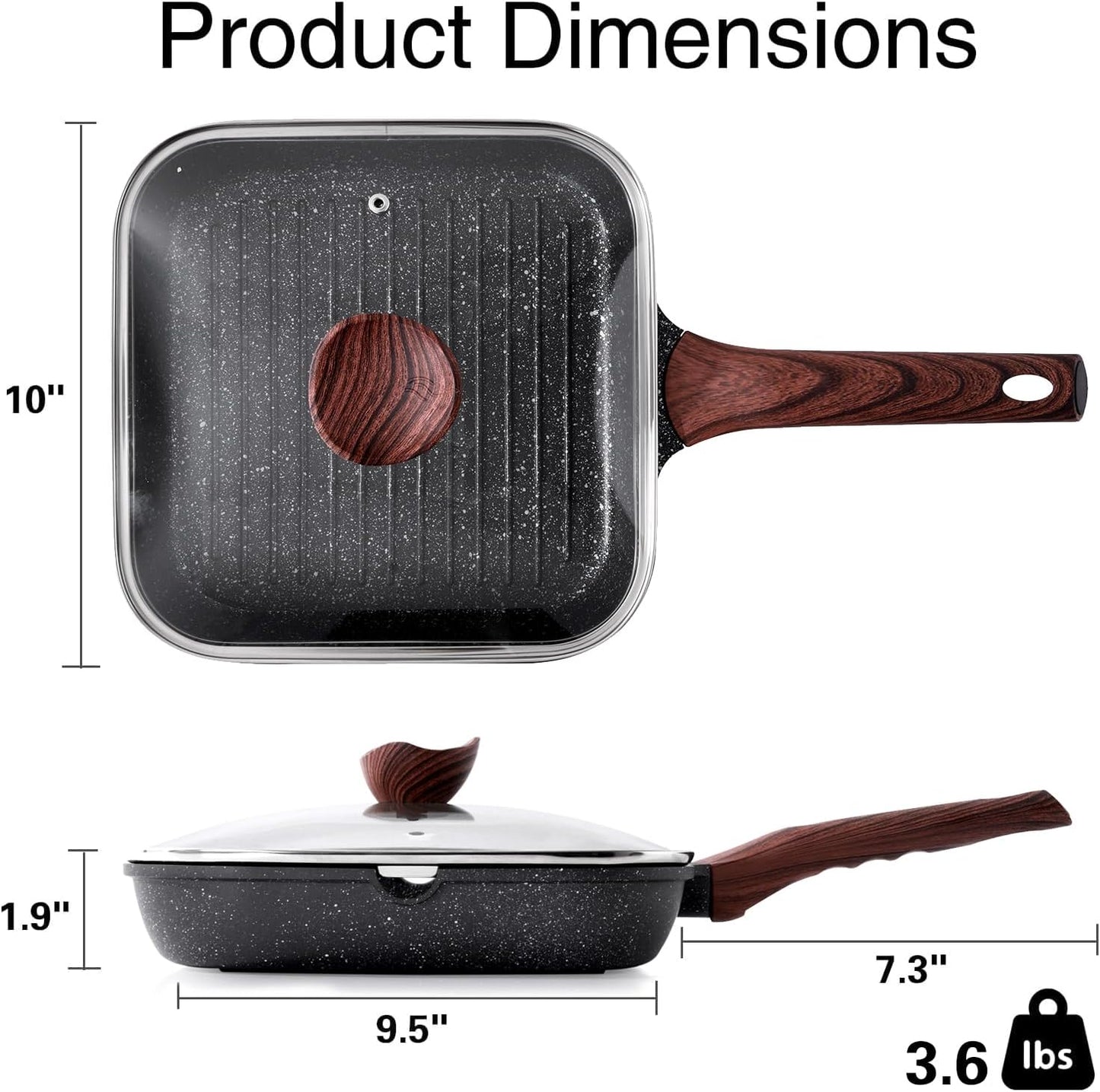 Nonstick Grilling Pan with Lid for Stove Tops, 9.5 Inch Square Grill Pan for Indoor Cooking, Granite Coating Grill Skillet with Pour Spouts, Versatile Griddle, Induction Steak Pan, PFOA Free