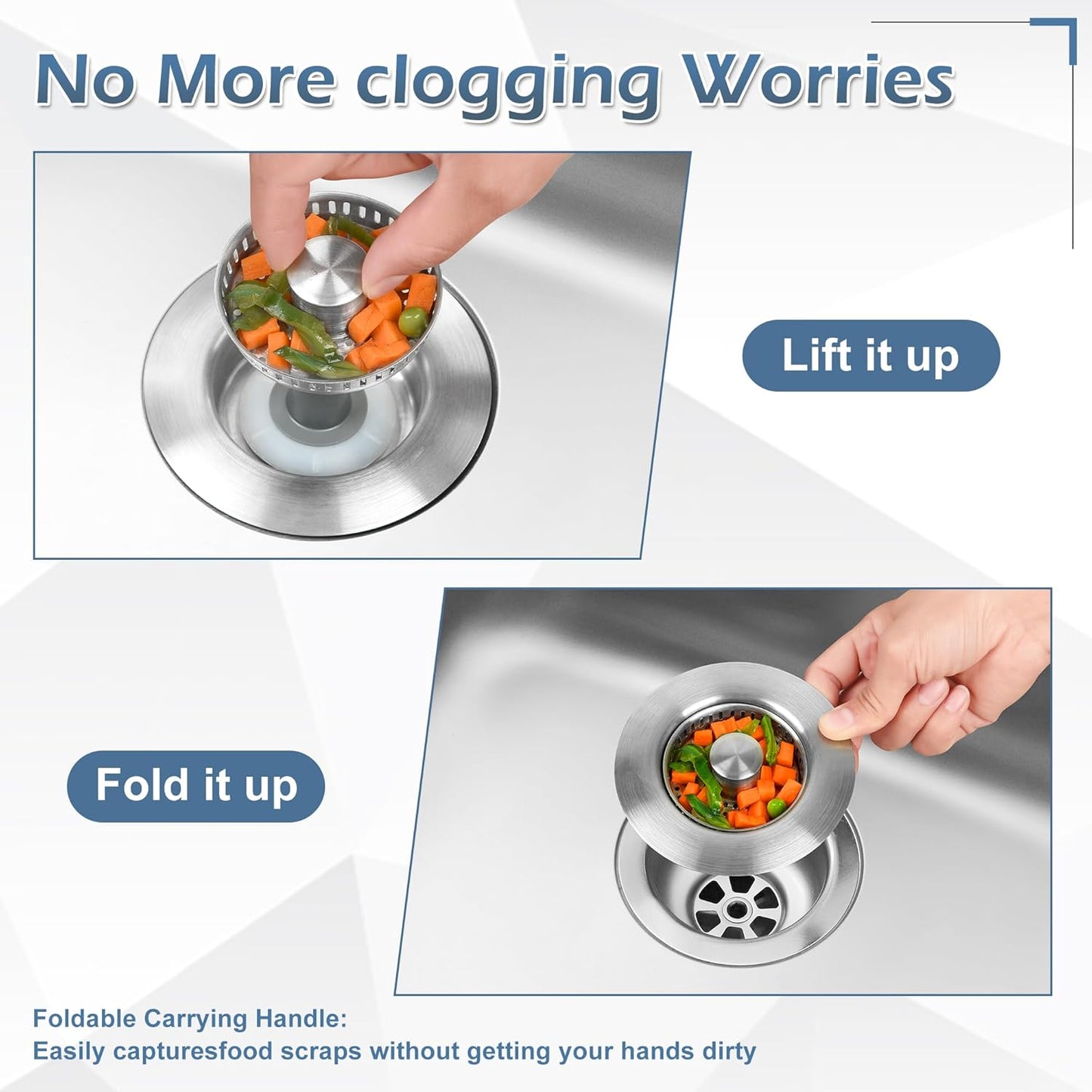 3 in 1 Kitchen Sink Drain Strainer ,304 Stainless Steel Kitchen Sink Stopper and Basket,Long-Term Water Storage,Bass Bounce Core,General,Filter for Standard 3-1/2 inch Drain