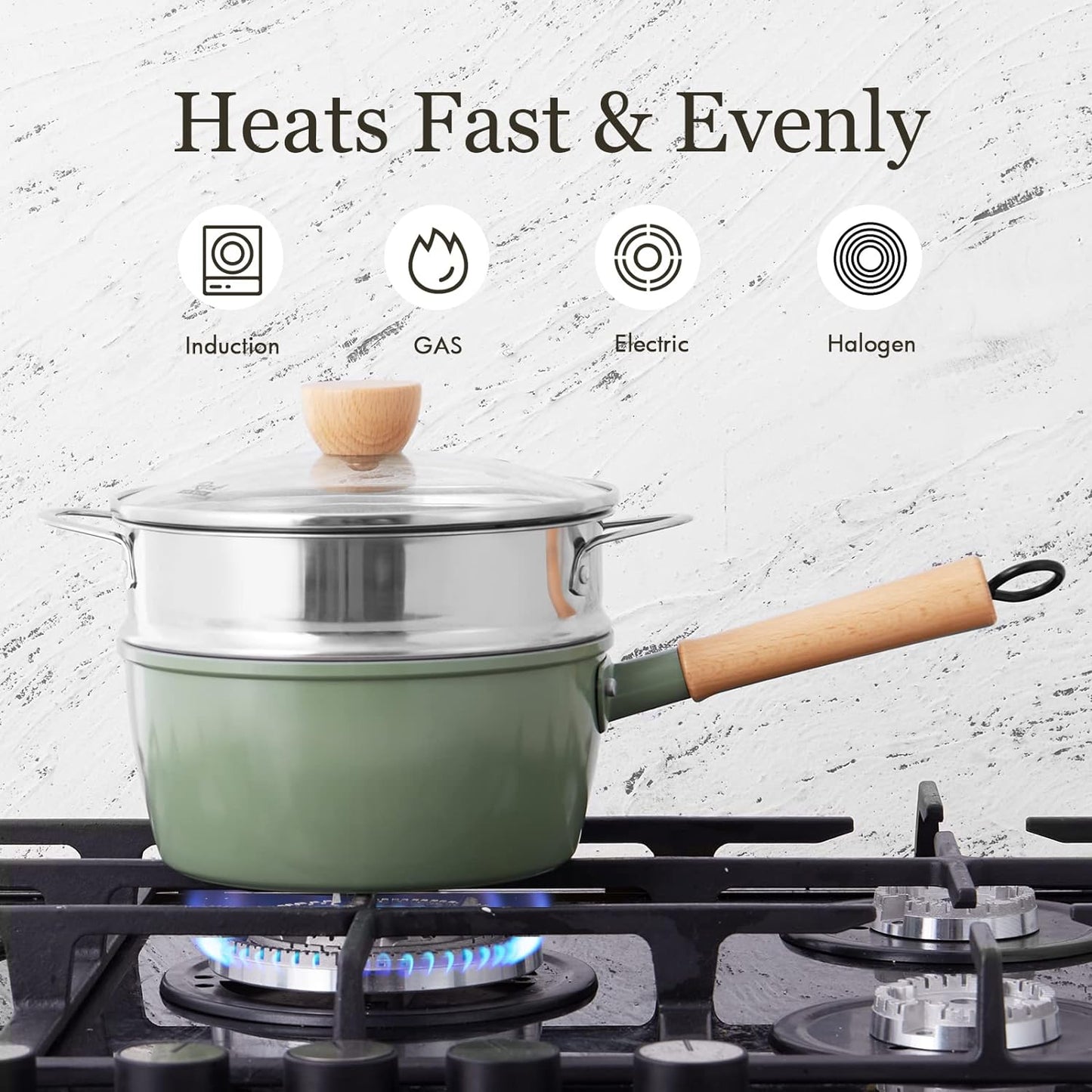 ROCKURWOK Ceramic Nonstick Sauce Pan with Lid, 2 Quart Cooking Pot, Small Saucepan with Steamer, PTFE& PFAS-Free, Wooden Handle for Cool Touch, Universal Base(Gas, Electric & Induction), Green