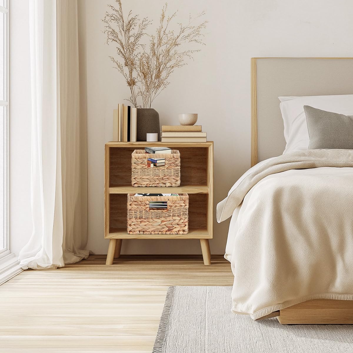 Wicker Storage Baskets with Built-in Handles, Natural Water Hyacinth and Seagrass, Decorative Handmade Storage Baskets for Organizing, Set of 2, Large and Small