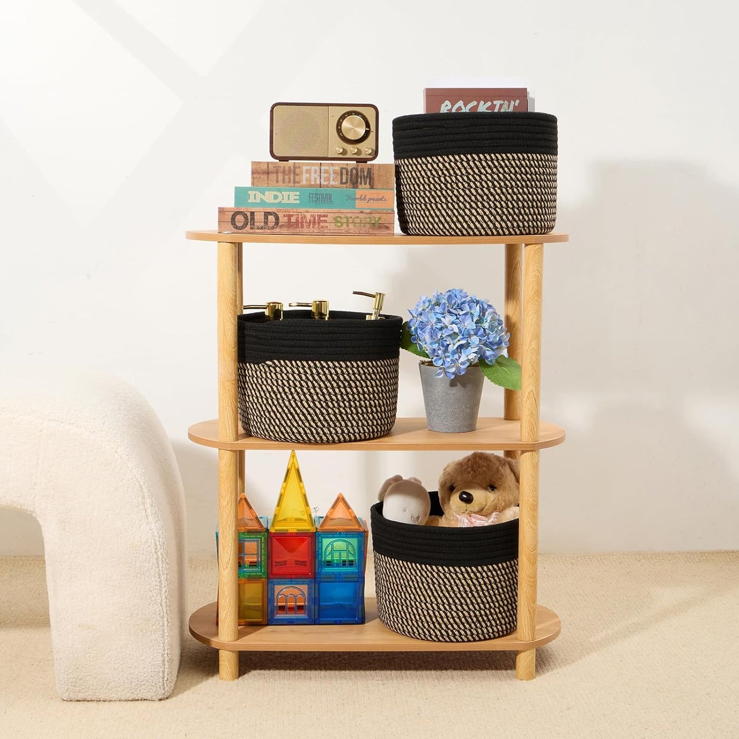 Small Basket for Organizing | Cube Shelf Closet Storage Baskets | 9.7×9.7×7.1” | Woven Rope Gift Basket | Nursery | Round 3 Packs Black Brown