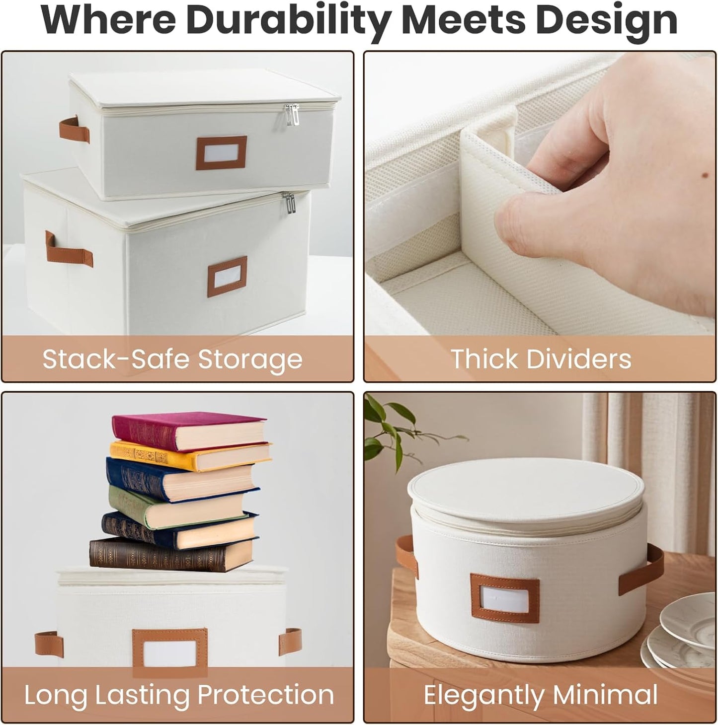 HOMELUX THEORY Wine Glass Storage Box with Dividers, Ivory Hard Shell China Storage Containers, Kitchen Storage Bins With Lids, Heavy Duty Moving Box for Packing Glasses, Stemware & Glassware