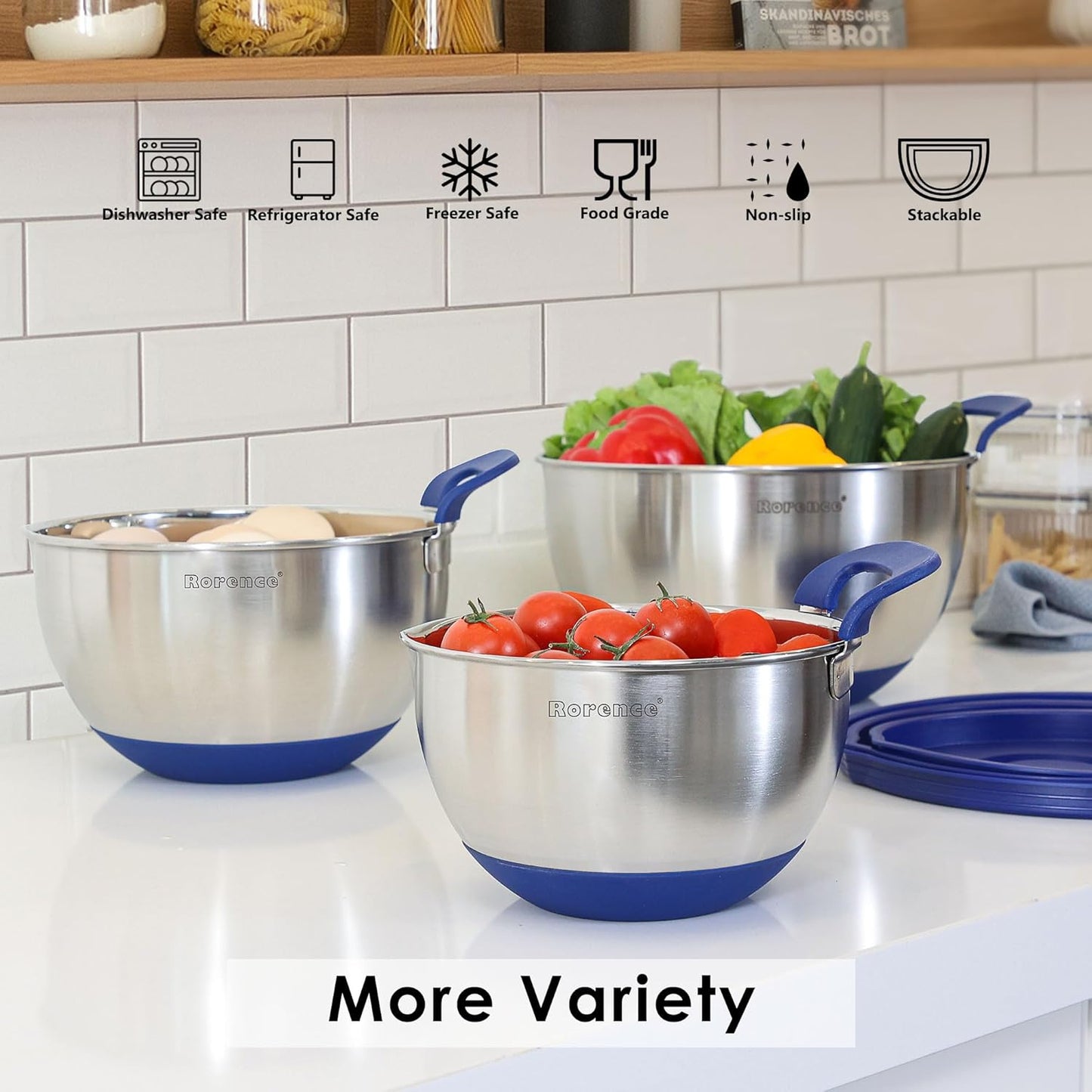 Rorence Stainless Steel Mixing Bowls: Stackable Mixing Bowl Set with Lids and Handles Non-slip Silicone Bottom Nesting Bowls for Kitchen Set of 3 - Blue