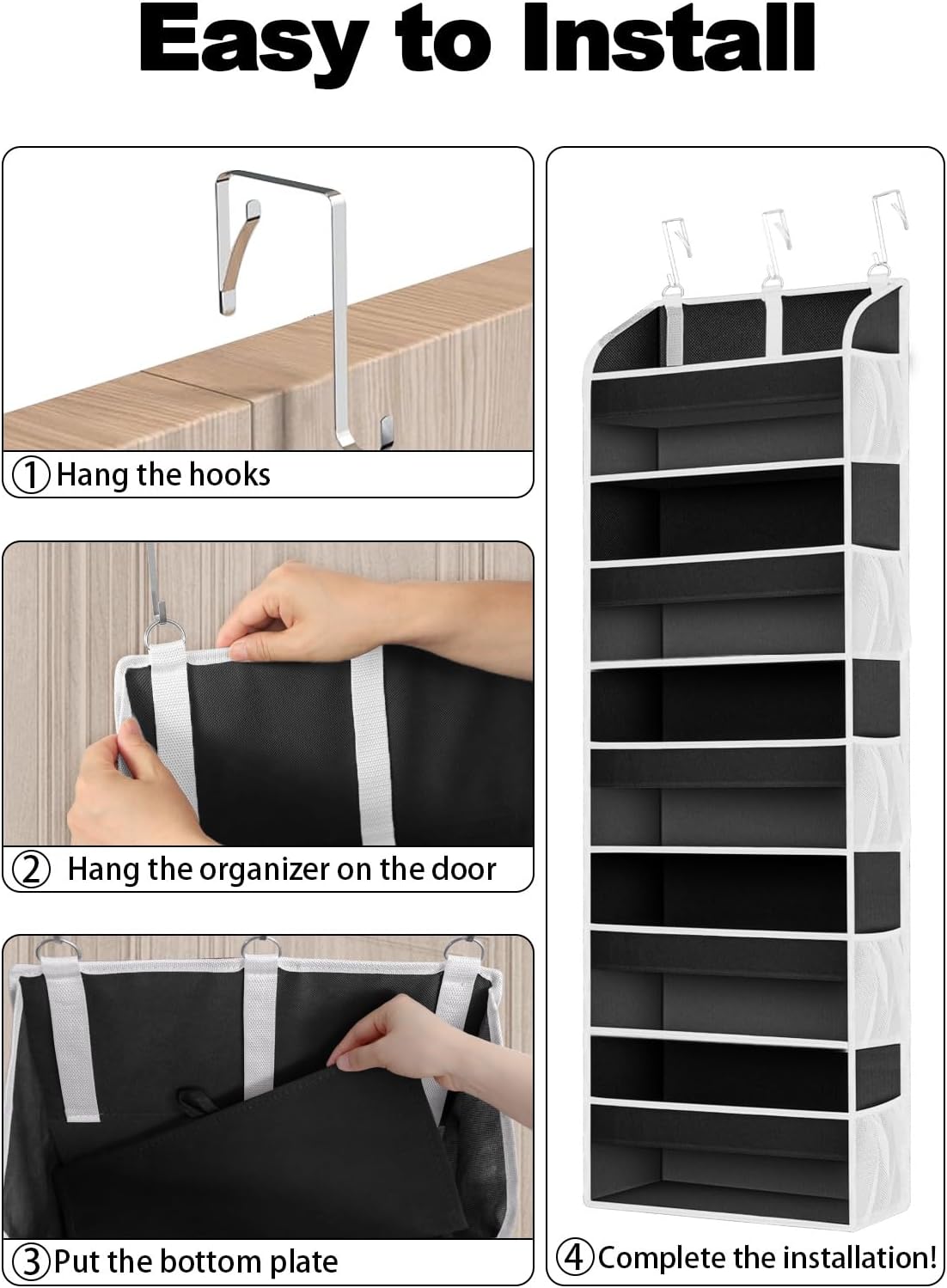 1 Pack Over The Door Storage Organizer with 5 Pockets 10 Mesh Side Pockets, 44 lbs Weight Capacity Door Hanging Organizers and Storage for Bedroom,Bathroom,Nursery,Pantry,Dorm(Black)