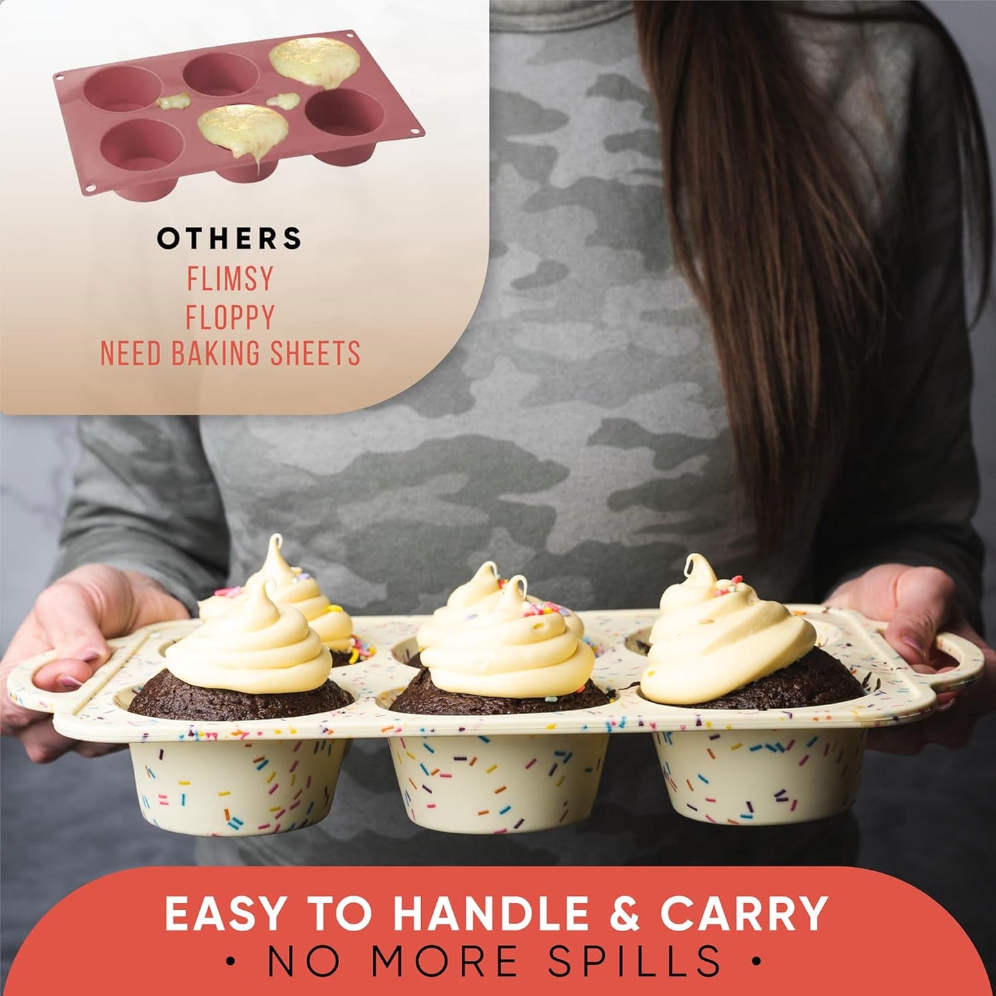 2 Pack Confetti Regular Size 6 Cup Silicone Muffin Pans for Baking, Non-Stick Silicone Cupcake Pans for Baking,Easy-Release, Metal Handles, Dishwasher Safe & BPA Free - Confetti Color