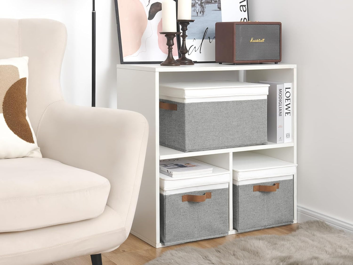 StorageWorks Storage Bins with Lids, Decorative Storage Boxes with Lid and PU Handles, Foldable Storage Baskets for Closet, Shelves, Stackable, Grey and White, Jumbo, 3-Pack