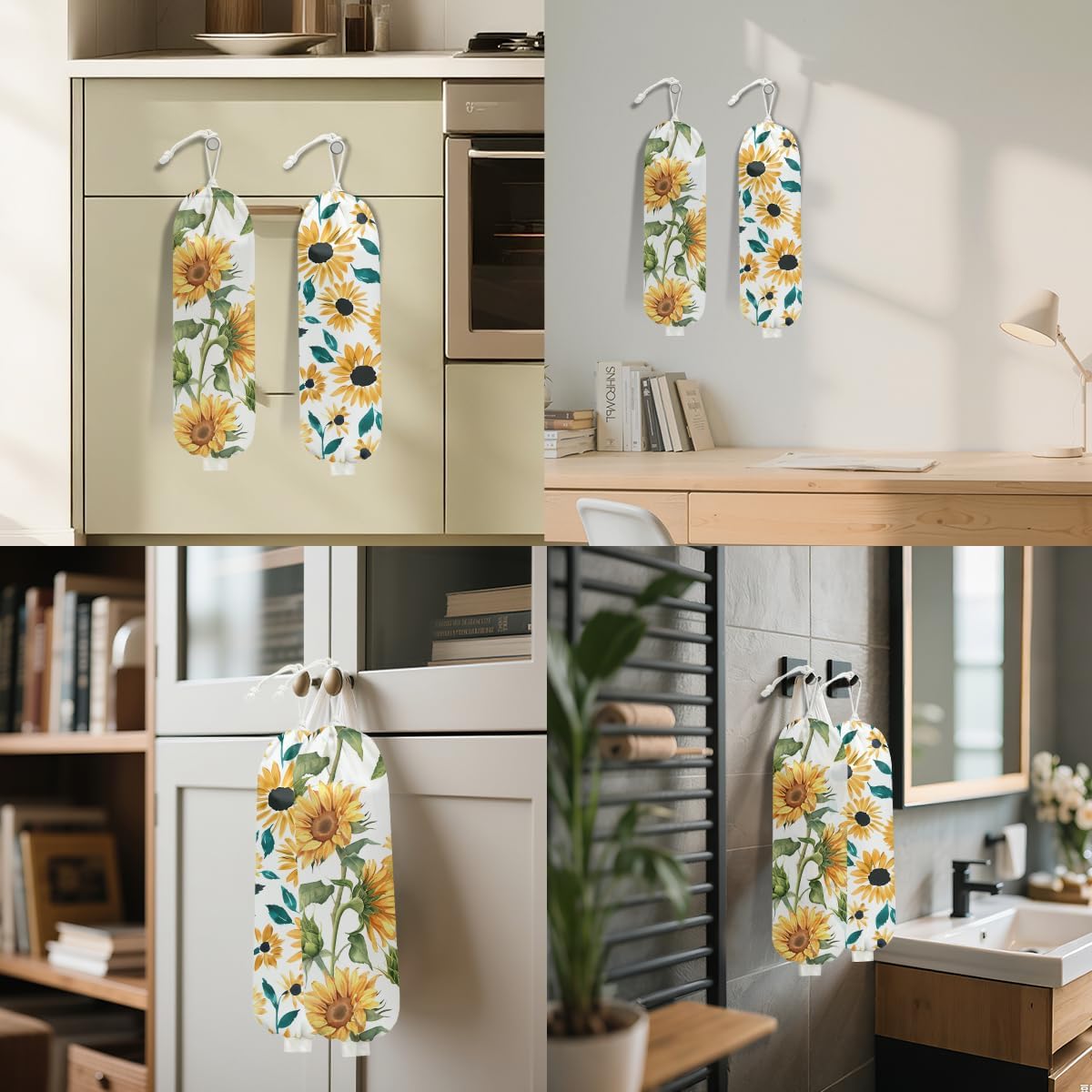 2Pcs Watercolor Sunflower Plastic Bag Holder, Wall Mount Grocery Bag Holder for Plastic Bags, Vintage Rustic Sunflower Large Reusable Grocery Bags Storage Dispenser for Home Kitchen Pantry