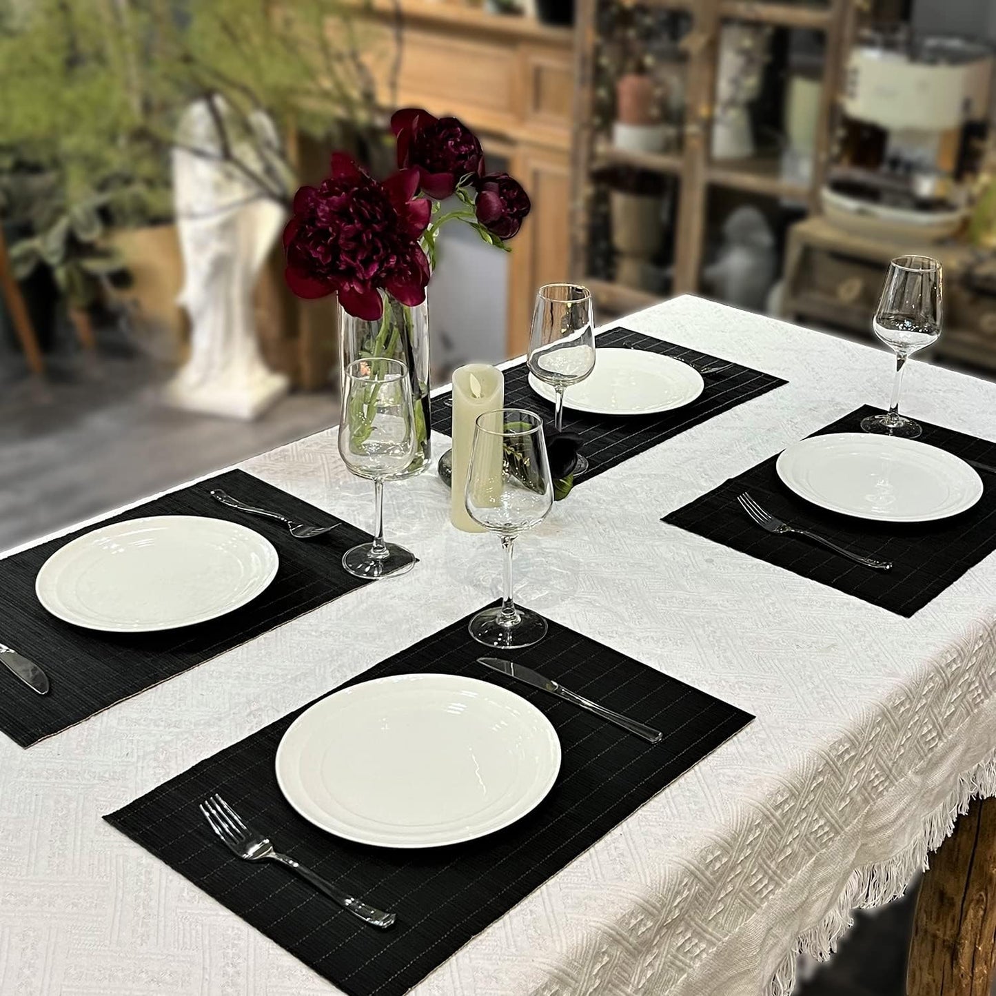 ANDSTAR Set of 8 Pcs Bamboo Placemats Sushi Rolling Mat Japanese Style Natural Anti-Slip Bamboo Placemats Washable Heat-Resistant Table Mats for Dining Room and Kitchen(Black)