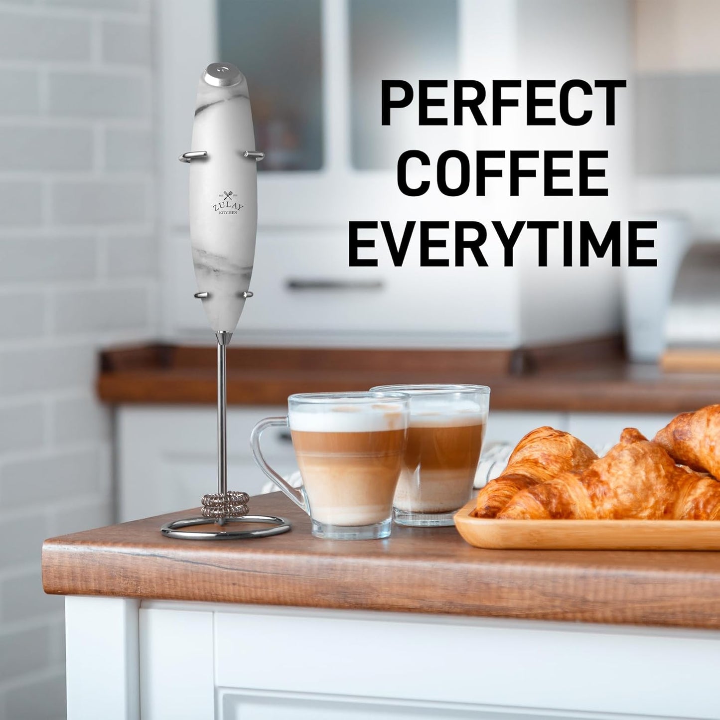 Zulay Kitchen Powerful Double Whisk Milk Frother Handheld - Foam Maker With Stand - Whisk Drink Mixer for Coffee, Mini Foamer for Latte, Matcha, Frappe, Hot Chocolate & Cappuccino (Crystal Quartz)