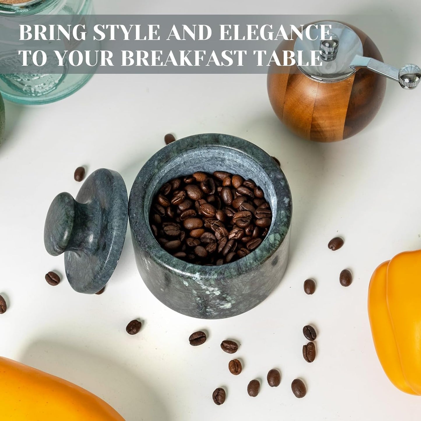 Koville Indian Green Marble Salt Cellar with Lid 3.5", Stone Pepper Container & Spice Jars for Kitchen, Marble Salt and Pepper Holder, Stone Storage Box for Kitchen Counter, Spice Jar