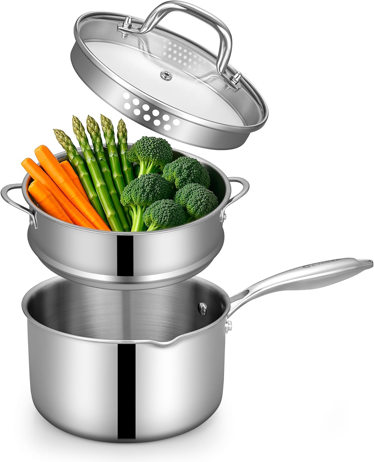 Cyrosa Stainless Steel Sauce Pot, Saucepan with Strainer Lid, Sauce Pan for Stove Top, Two Side Spouts for Easy Pour, Dishwasher Safe, 2 1/2 Quart