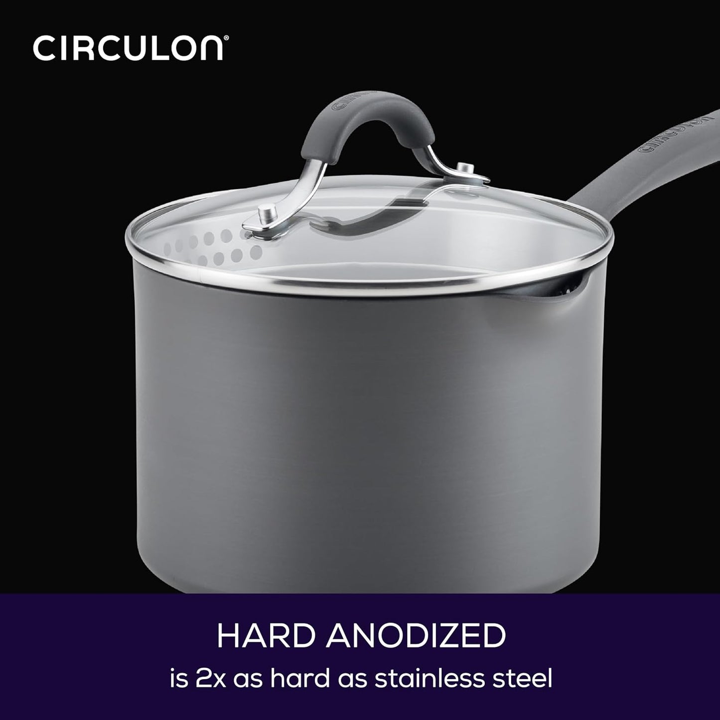 Circulon Radiance Hard-Anodized Nonstick Straining Saucepan, 3-Quart, Gray