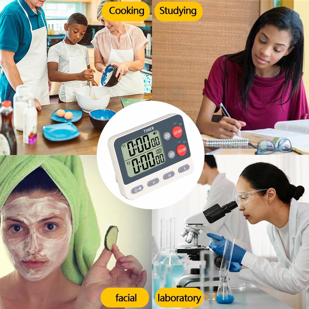 Digital Dual Kitchen Timer, 2 Groups Cycle Countdown Timer, ON/Off Memory Function, Loud Volume Flashing Light Alarm with Magnetic Back, Stand, Battery Included