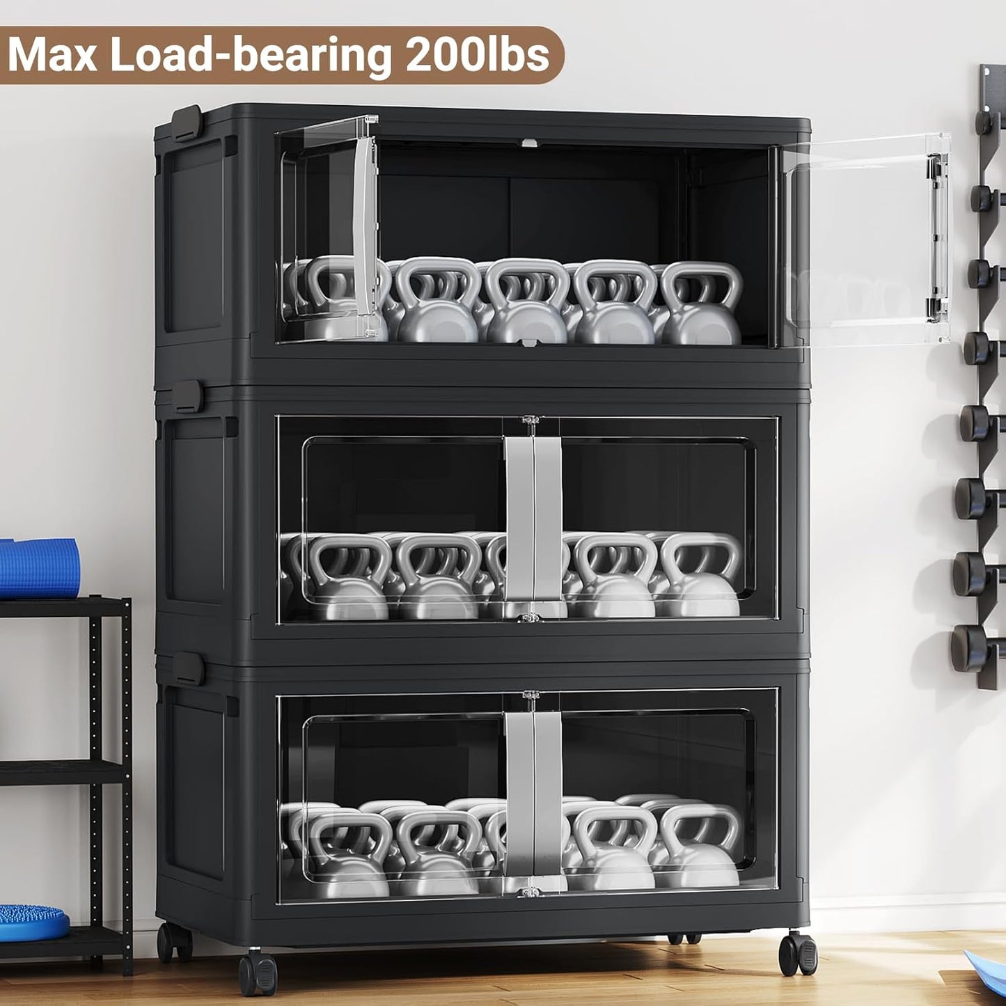 640QT Stackable Storage Bins with Lids, 160Gal Extra Large Collapsible Storage Box with Wheel, Plastic Storages with Clear Door Open Front for Home Bedroom Garage, Black-4pack