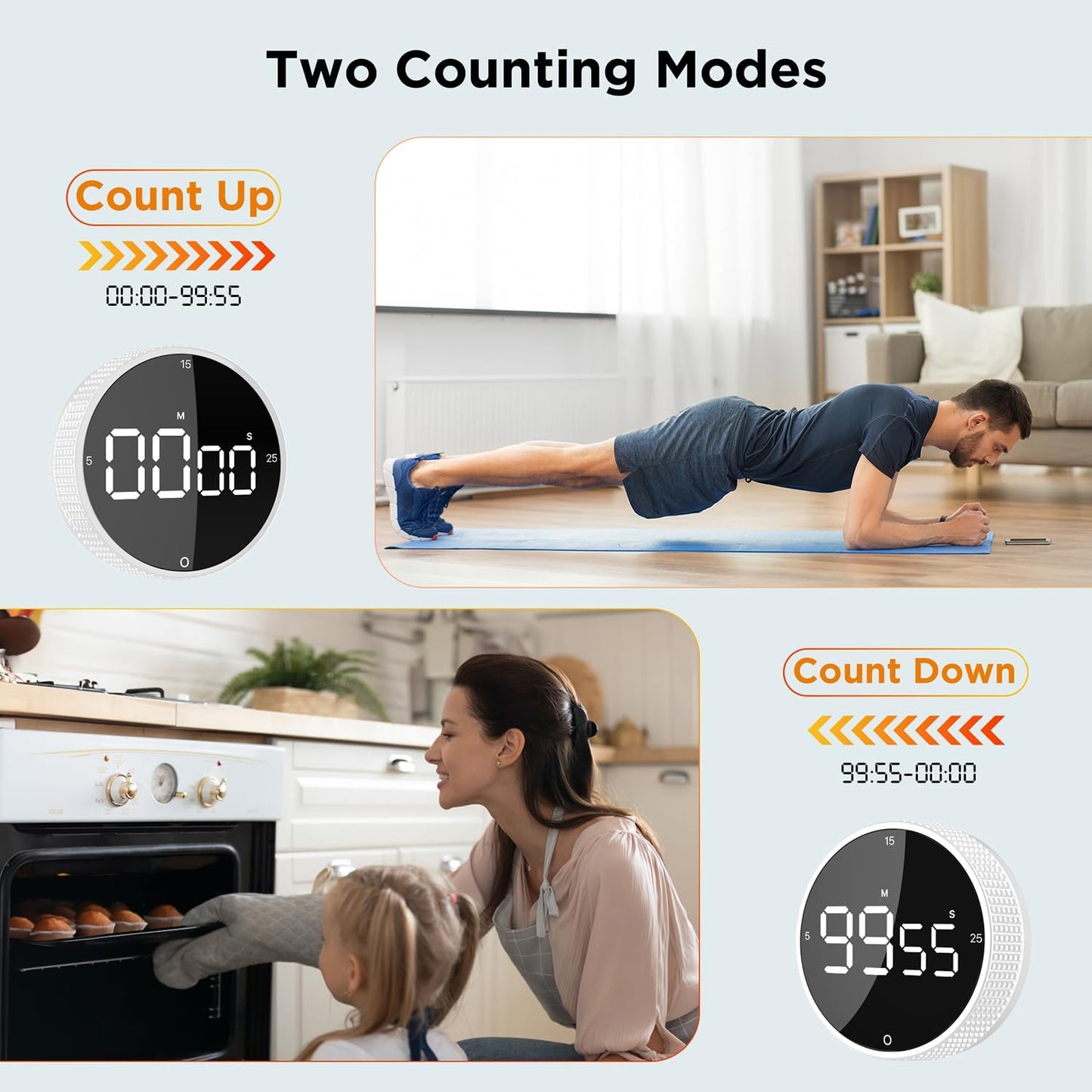 Upgrade Digital Kitchen Timer - 2 Pack Magnetic Countdown Countup Visual Pomodoro Timer with Large LED Display, 3-Preset Times, 3 Volume Levels, Ideal for Cooking, Baking and Fitness (2, White)