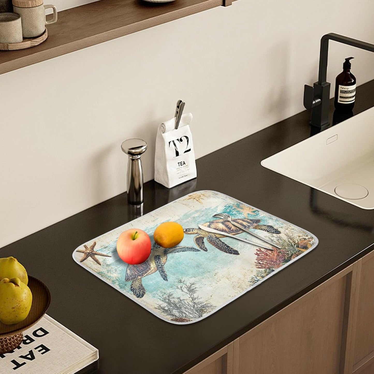 Vintage Ocean Sea Turtle04 Dish Drying Mat for Kitchen Counter Absorbent Microfiber Small Drying Pad Dish mats for Kitchen Countertops 16 x 18 Inch