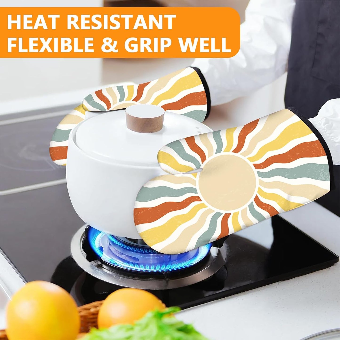 Boho Sun Oven Mitts and Pot Holders Sets 4Pcs,Extra Long Oven Gloves Potholder for Kitchen Cooking Baking BBQ 100% Cotton Heat Resistant