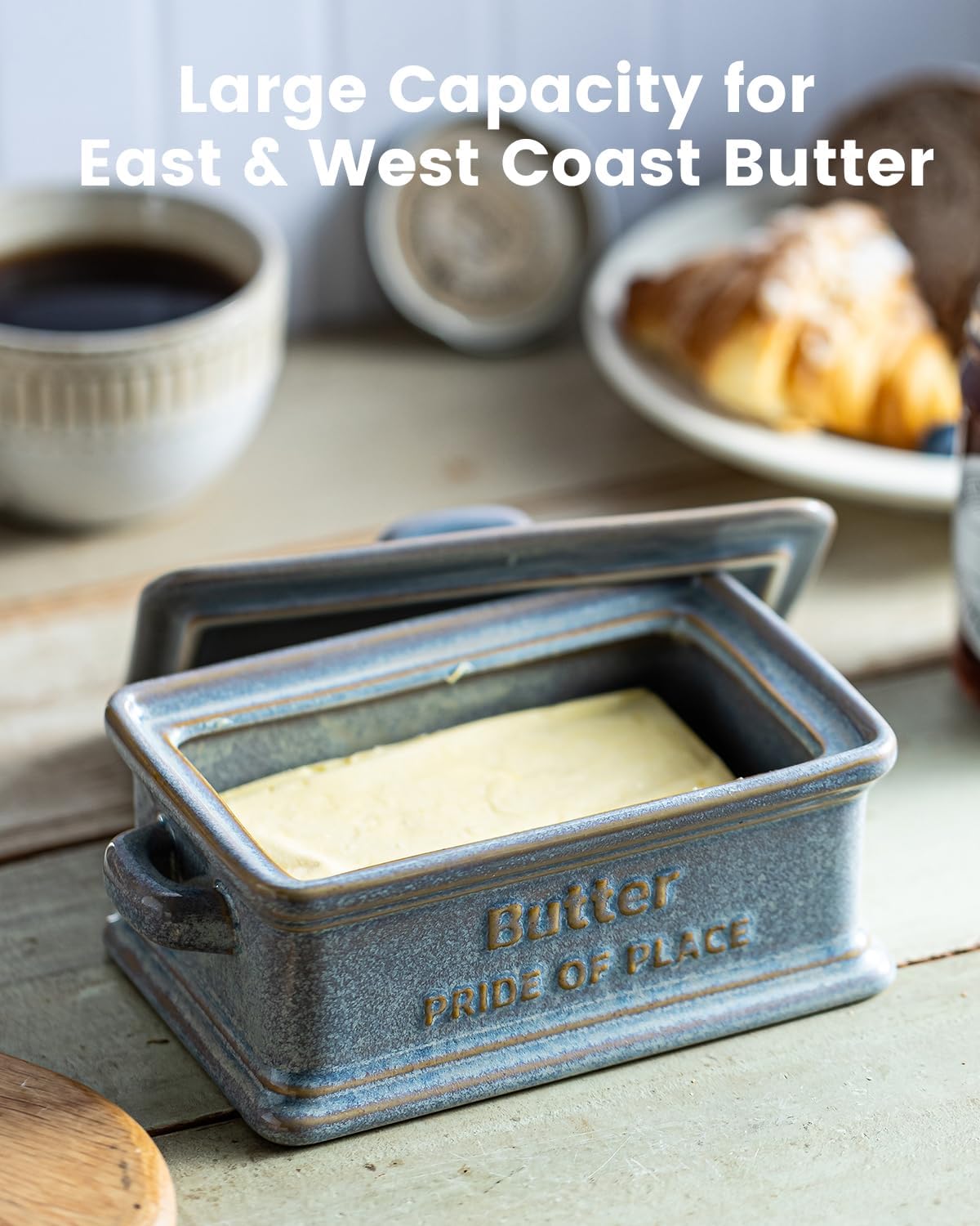 Butter Dish with Lid, Ceramic Butter Holder Container Large Butter Dish for Countertop Farmhouse Decor Butter Keeper for East West Coast Butter, Gray