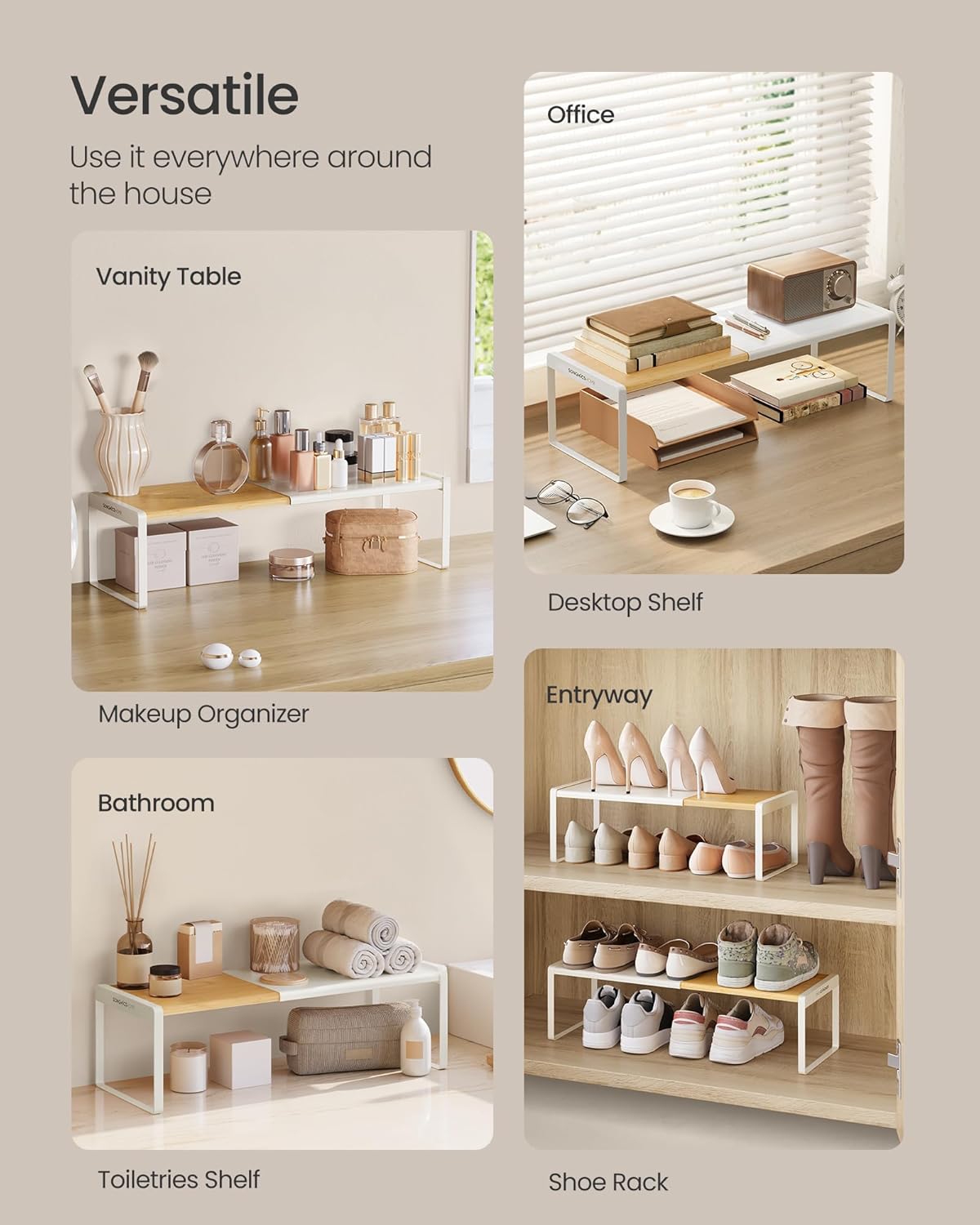 SONGMICS HOME Spice Rack, Expandable Cupboard Shelf Orgnizer, Kitchen Counter Shelf, Bamboo and Metal, Space-Saving Shelving, Stackable, Light Bamboo and Cream White UKCS052W01