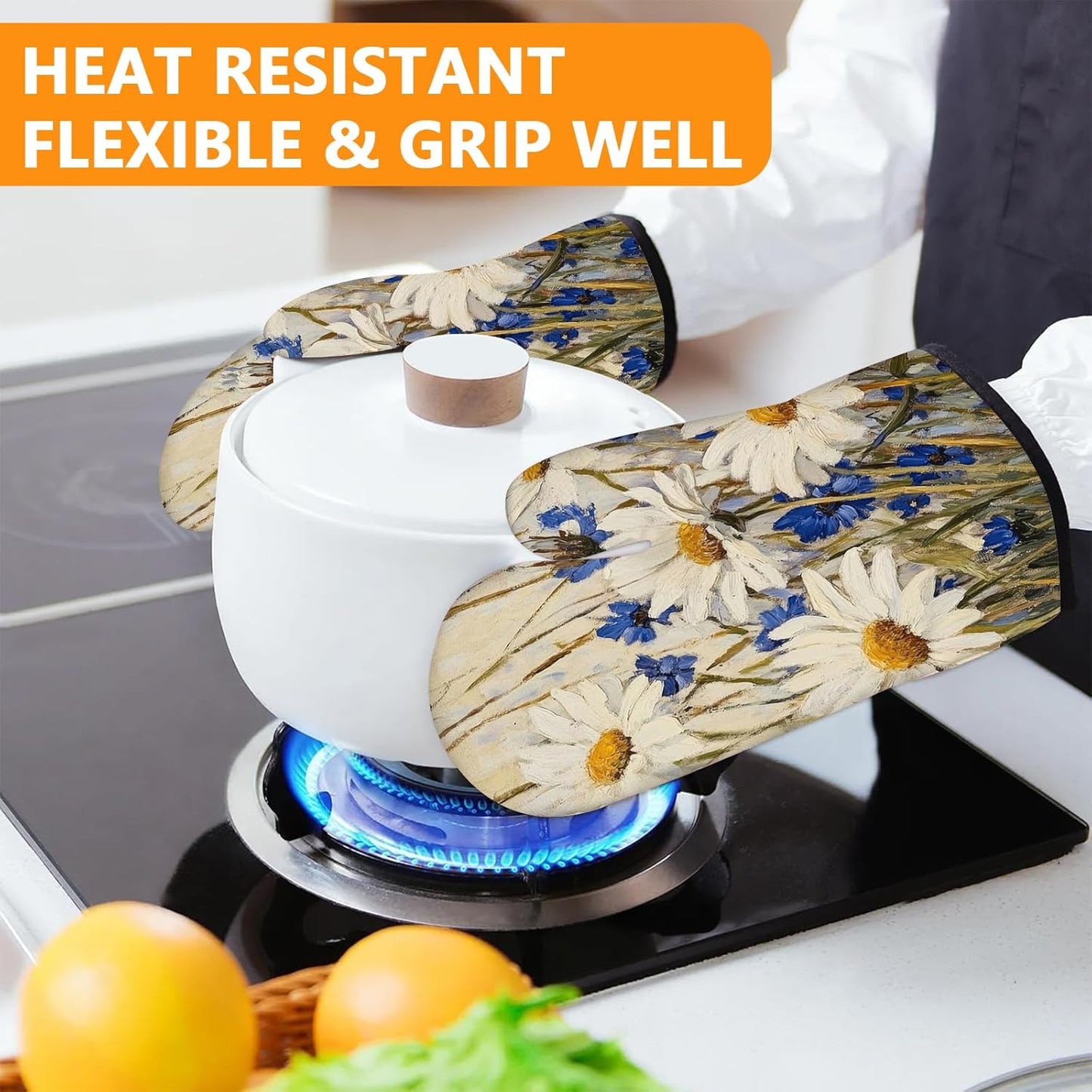 Daisy Flowers Oven Mitts and Pot Holders Sets 4Pcs,Extra Long Oven Gloves Potholder for Kitchen Cooking Baking BBQ 100% Cotton Heat Resistant