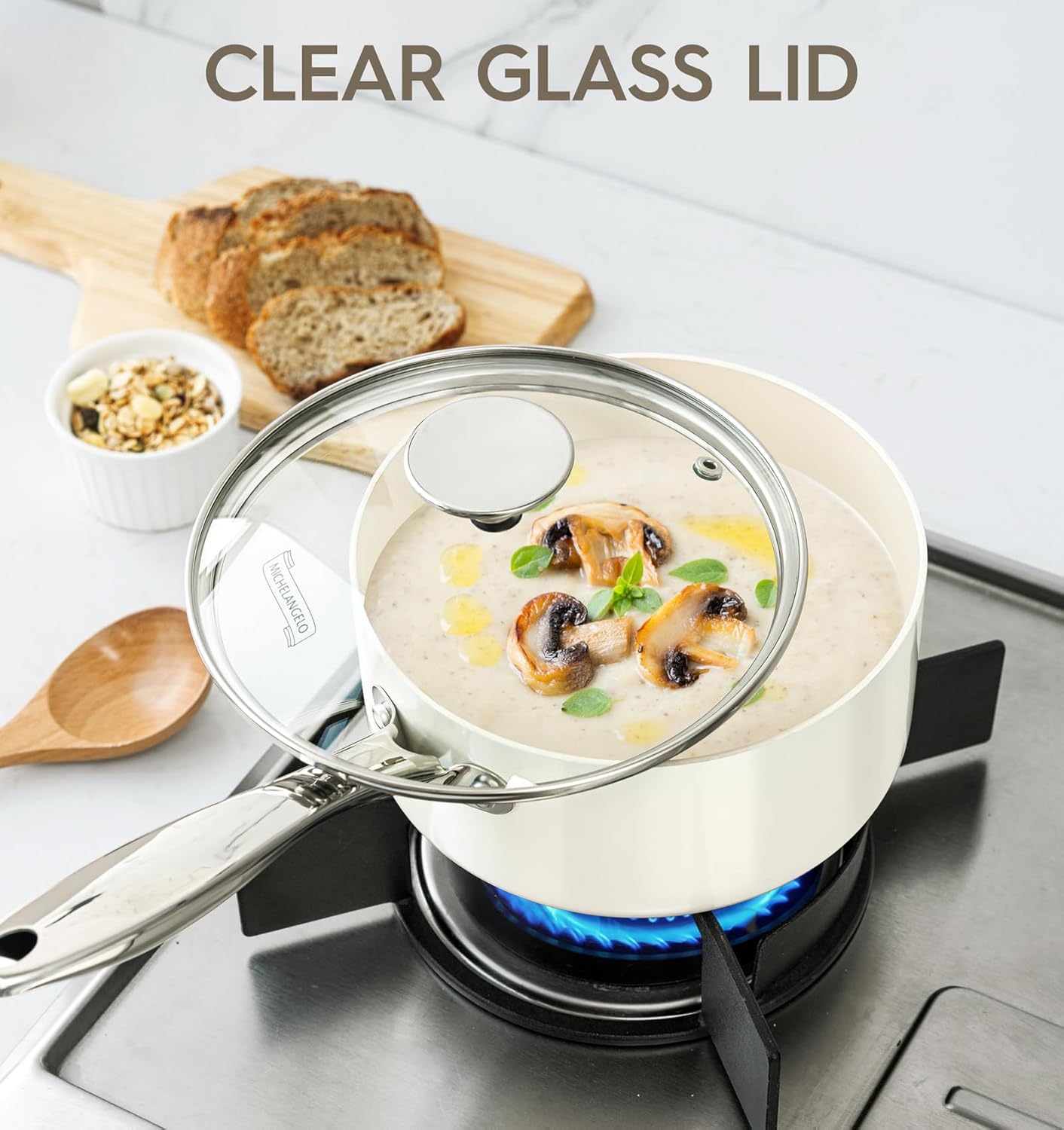 MICHELANGELO Sauce Pan Sets - Ceramic Sauce Pan with Lid, Nonstick Saucepan Set, 1Qt & 2Qt & 3 Qt Small Pots for Cooking, Non-Toxic Sauce Pot, White