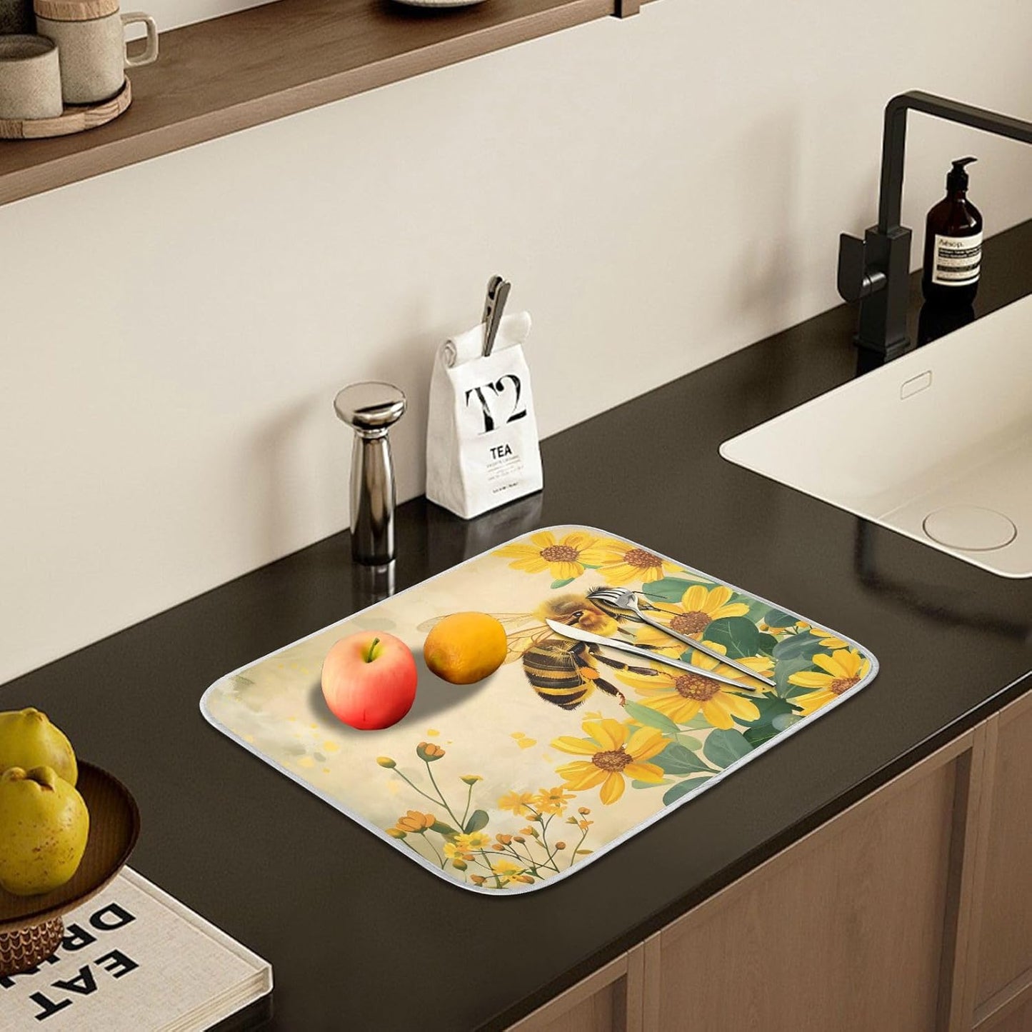 Honey Bee Dish Drying Mat for Kitchen Counter Absorbent Microfiber Large Drying Pad Yellow Flowers Leaves Dish Mats for Kitchen Countertops 18 x 24 Inch117