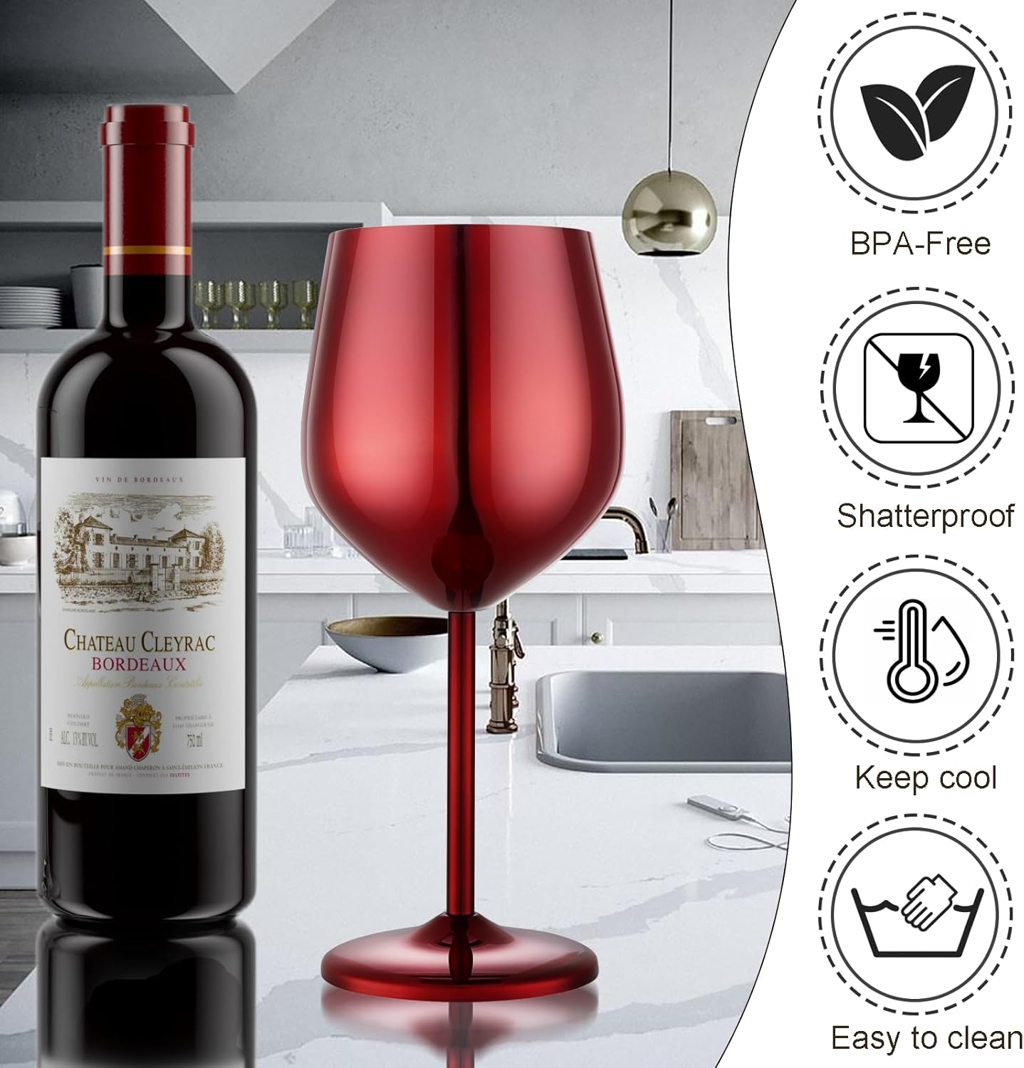 Stainless Steel Wine Glasses Set of 4 Unbreakable Wine Glass 18 oz Unique Metal Wine Goblets for Outdoor, Travel, Camping, Pool, Ideal Gift for Wine Lovers (Mirror-Red)