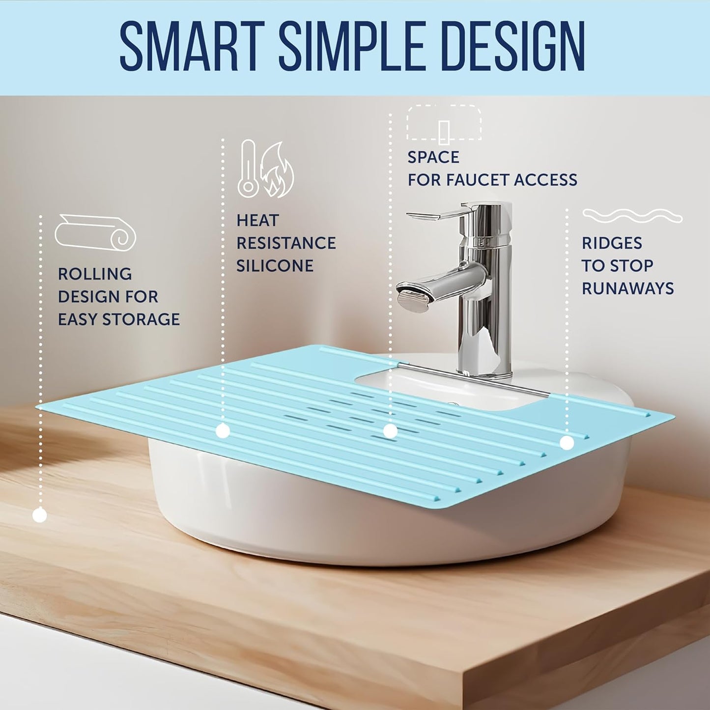 Maplefield Bathroom Sink Cover for Counter Space, Heat Resistant Silicone Sink Mat for Your Beauty Routine, Small Bathroom Space Saver Sink Cover for Makeup (Light Blue Large, 22 x 2 x 2 Inches)