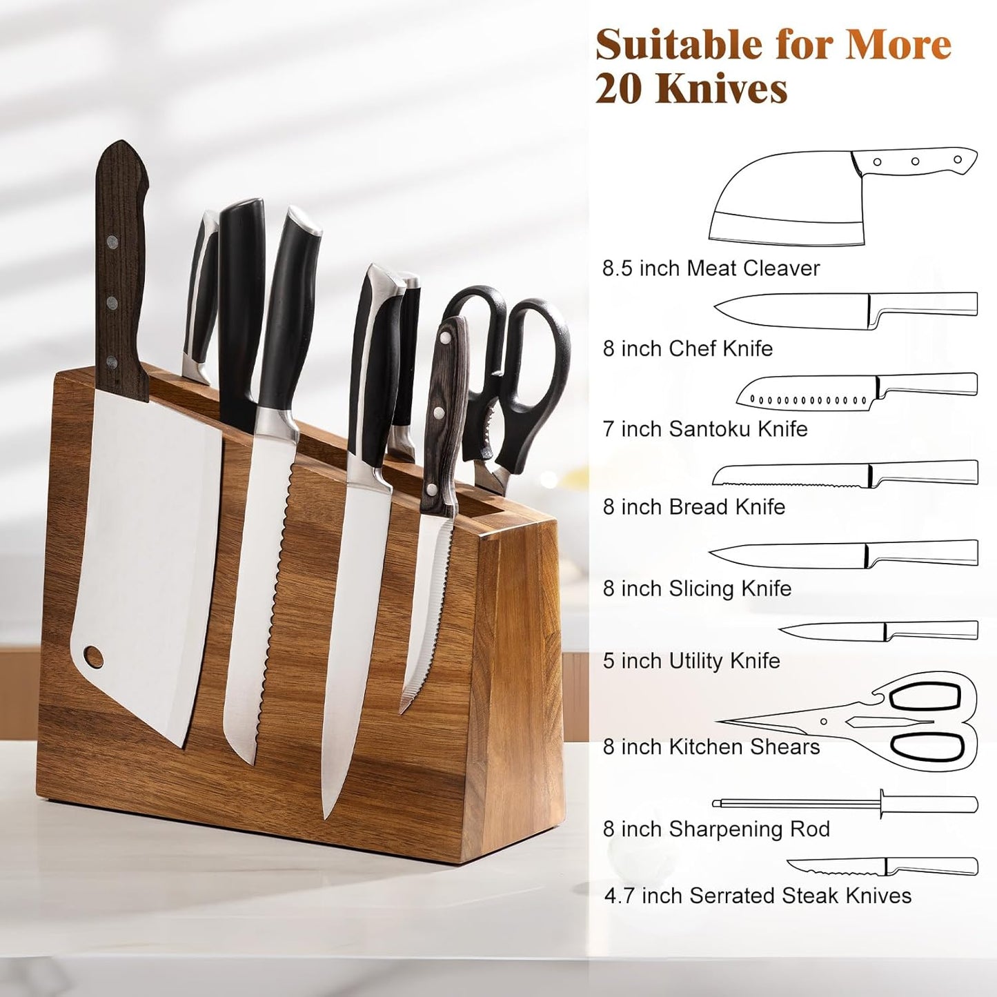XXXL Magnetic Knife Block 11.8x10 inches, 4-Side Universal Knife Holder Builted in Powerful Magnet, Natural Acacia Wood Knife Storage Organizer for Kitchen Display