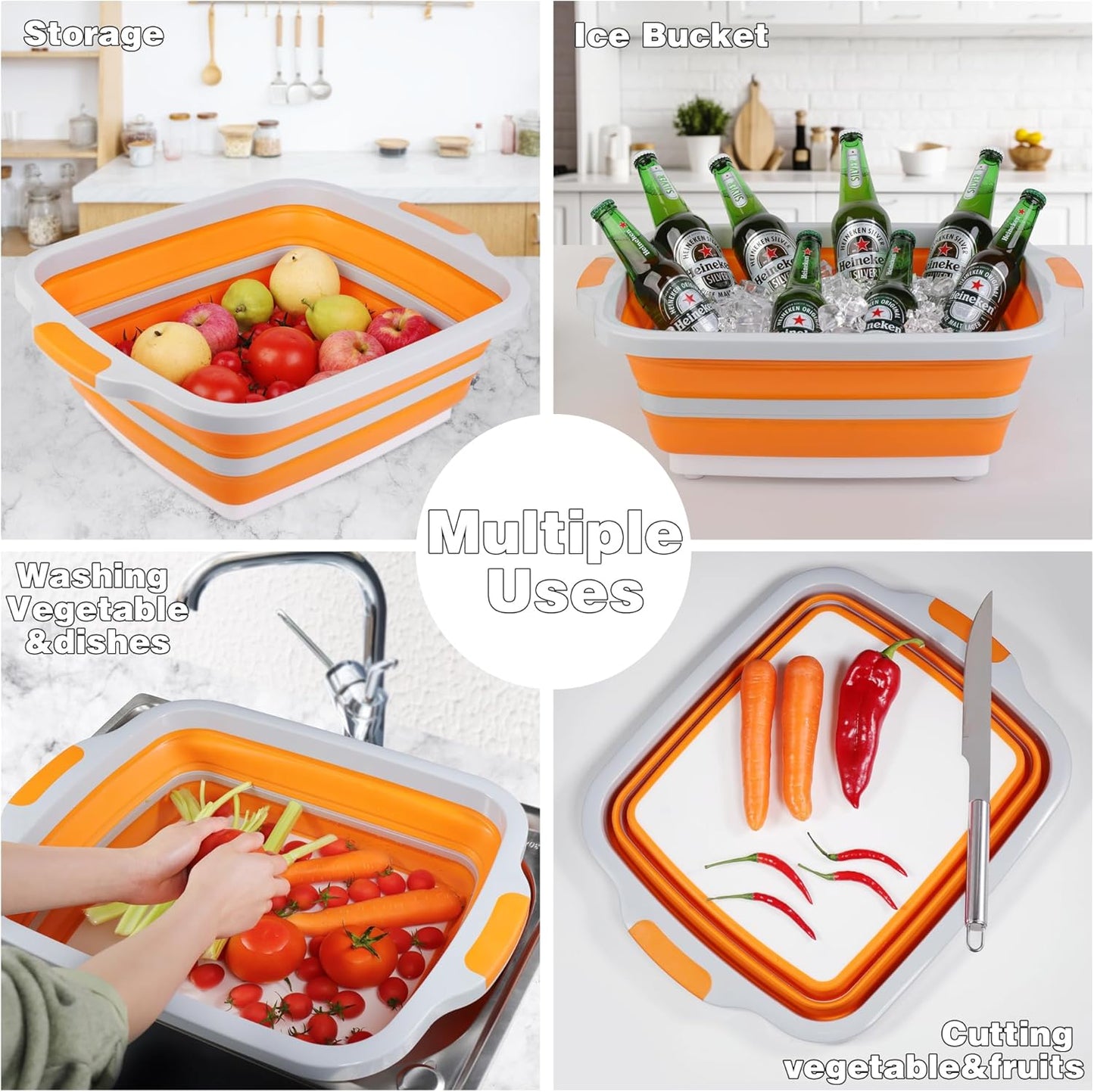 Large 4.22 Gal / 16L Collapsible Cutting Board with Container, Foldable BBQ Prep Tub, Sapce Saving Dish Basin for Kitchen, Camping, Picnic, Vegetable and Fruit