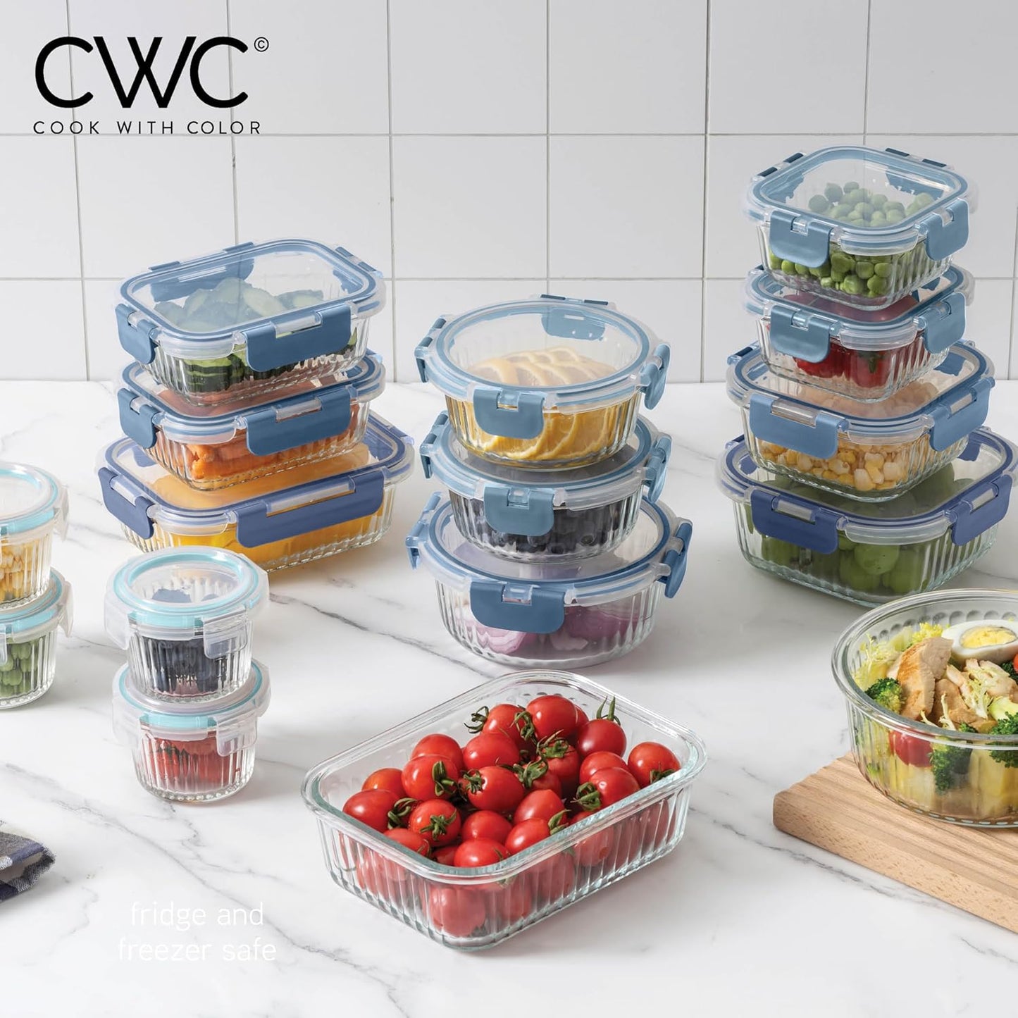 COOK WITH COLOR Premium 32-Pc. Borosilicate Glass Food Container Set with Dividers - 4 Rectangles, 8 Rounds, 4 Squares - Leakproof Lids - Meal Prep, Storage, Fluted Ombre Blue