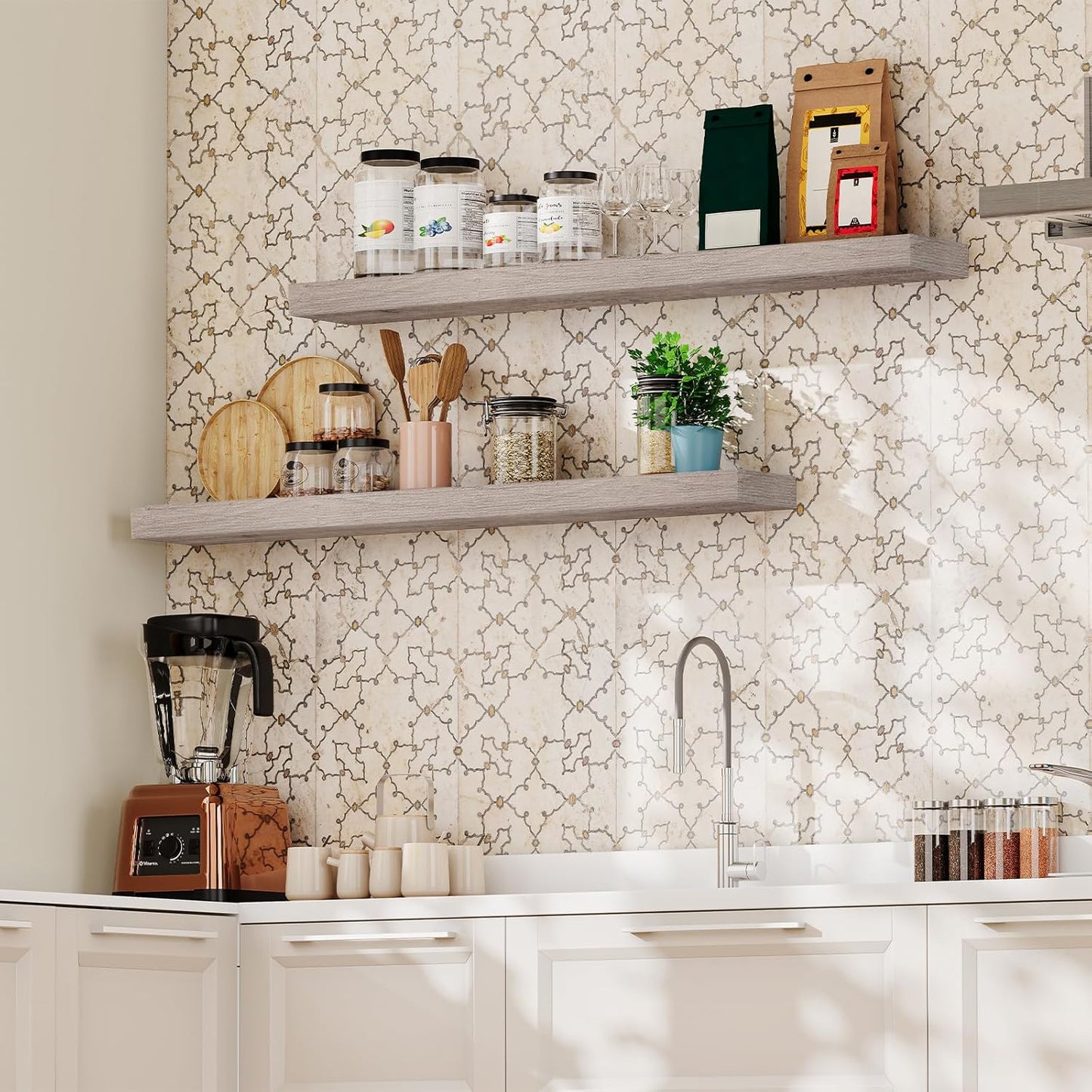 HOOBRO Floating Shelves for Wall, Wall Mounted Shelf Set of 2, 47.2" Hanging Shelf with Invisible Brackets, for Wall in Bathroom, Bedroom, Toilet, Kitchen, Living Room, Office, Greige BG120BJP201