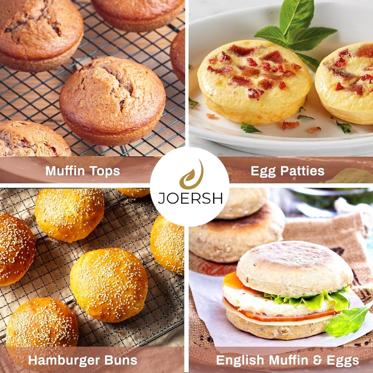 JOERSH Silicone Egg Mold Non-Stick 4 Inch Jumbo Size Muffin Top Pan, Large Round Silicone Molds for Baking Hamburger Bun, Egg Bites, Breakfast Sandwiches, Pancakes