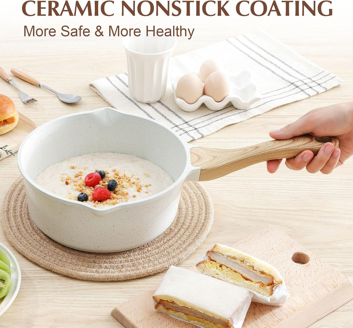 SENSARTE White Ceramic Nonstick Saucepan with Double Spout 3.0 Quarts, Cooking Pot with Stay Cool Handle, Induction Compatible Saucepot, White Granite Coating, Free of Intentionally Added PFOA/PFAS