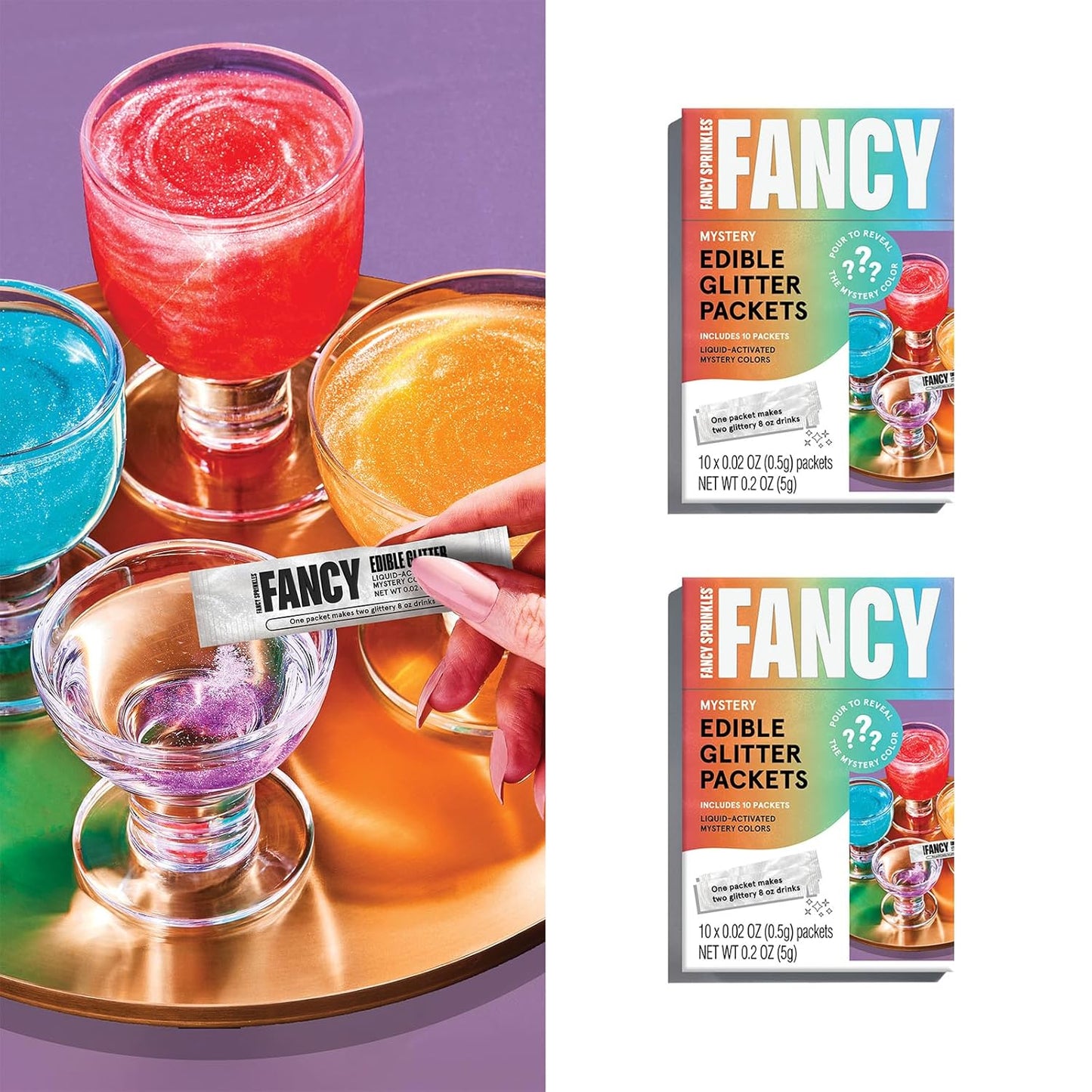 Fancy Sprinkles Mystery Colors Edible Glitter Packets Portable & On-The-Go for Sparkling Drinks, Champagne, Cocktails, Wine, Beer, & more (2 Pack)