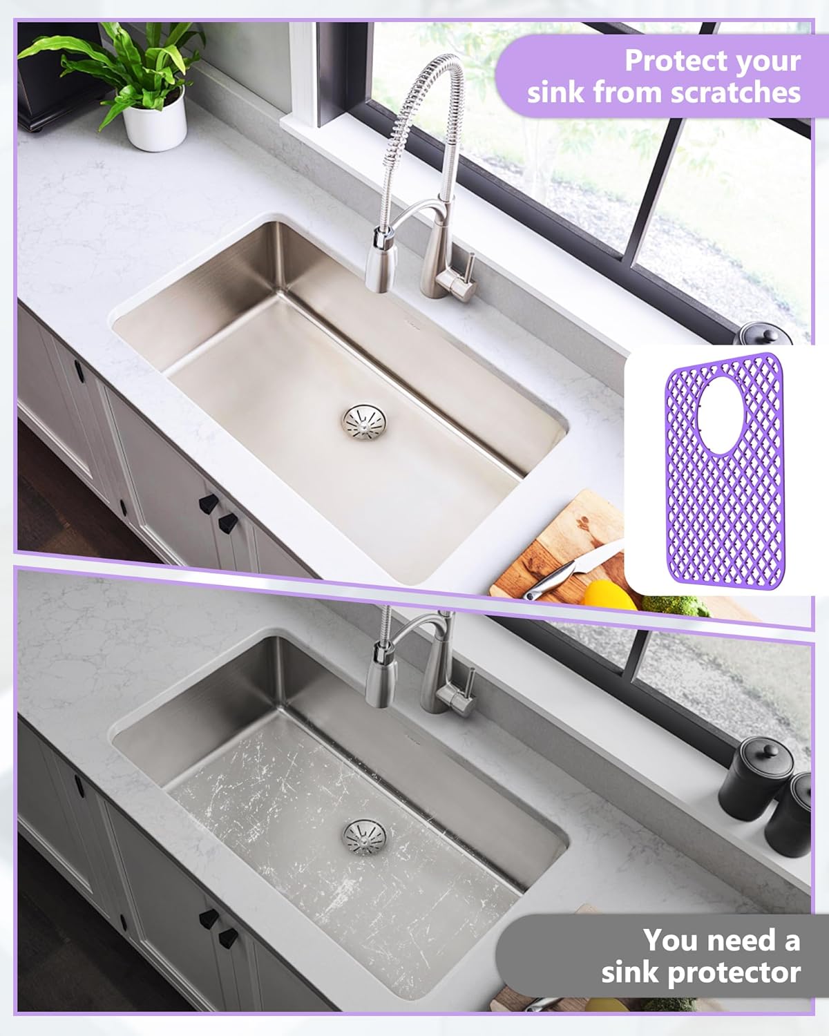 2 Pack Silicone Sink Protectors for Kitchen Sink, Lozenge Pattern 13 x 11 Inches Sink Mat, Non-Slip and Durable Sink Protector Silicone, Rear Drain, Purple