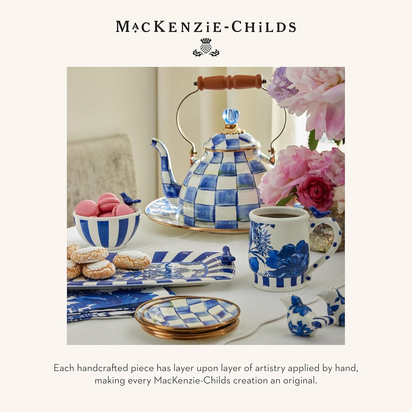 MACKENZIE-CHILDS Enamel Ice Cream Bowl, Serving Bowls for Entertaining, 2-Cup Capacity, Blue-and-White Royal Check