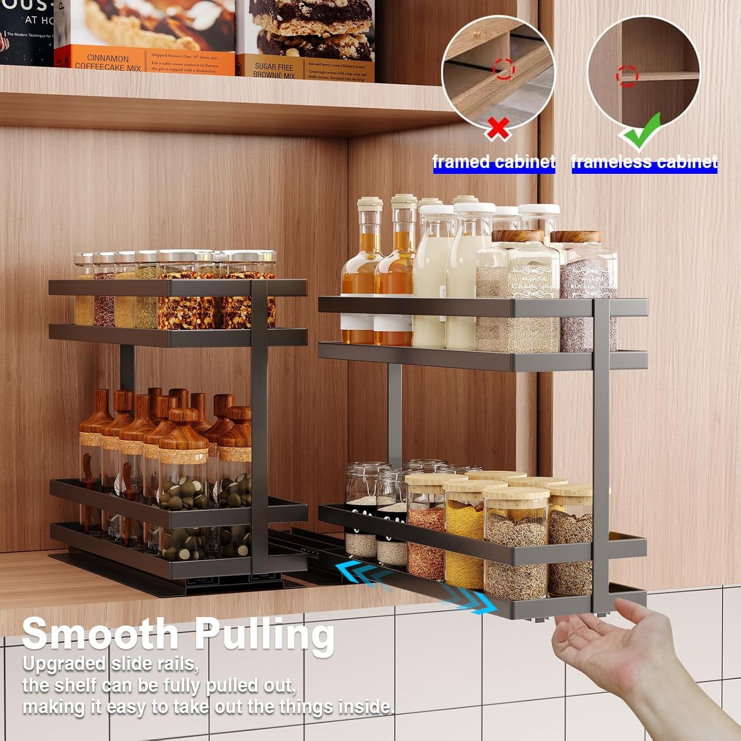 2 Pack Pull Out Spice Rack Organizer for Cabinet, 2 Tier Metal Slide Out Seasoning Organizer and Storage Heavy Duty Vertical Spice Rack Shelf Pullout for Kitchen Cabinets No Drilling (Black)